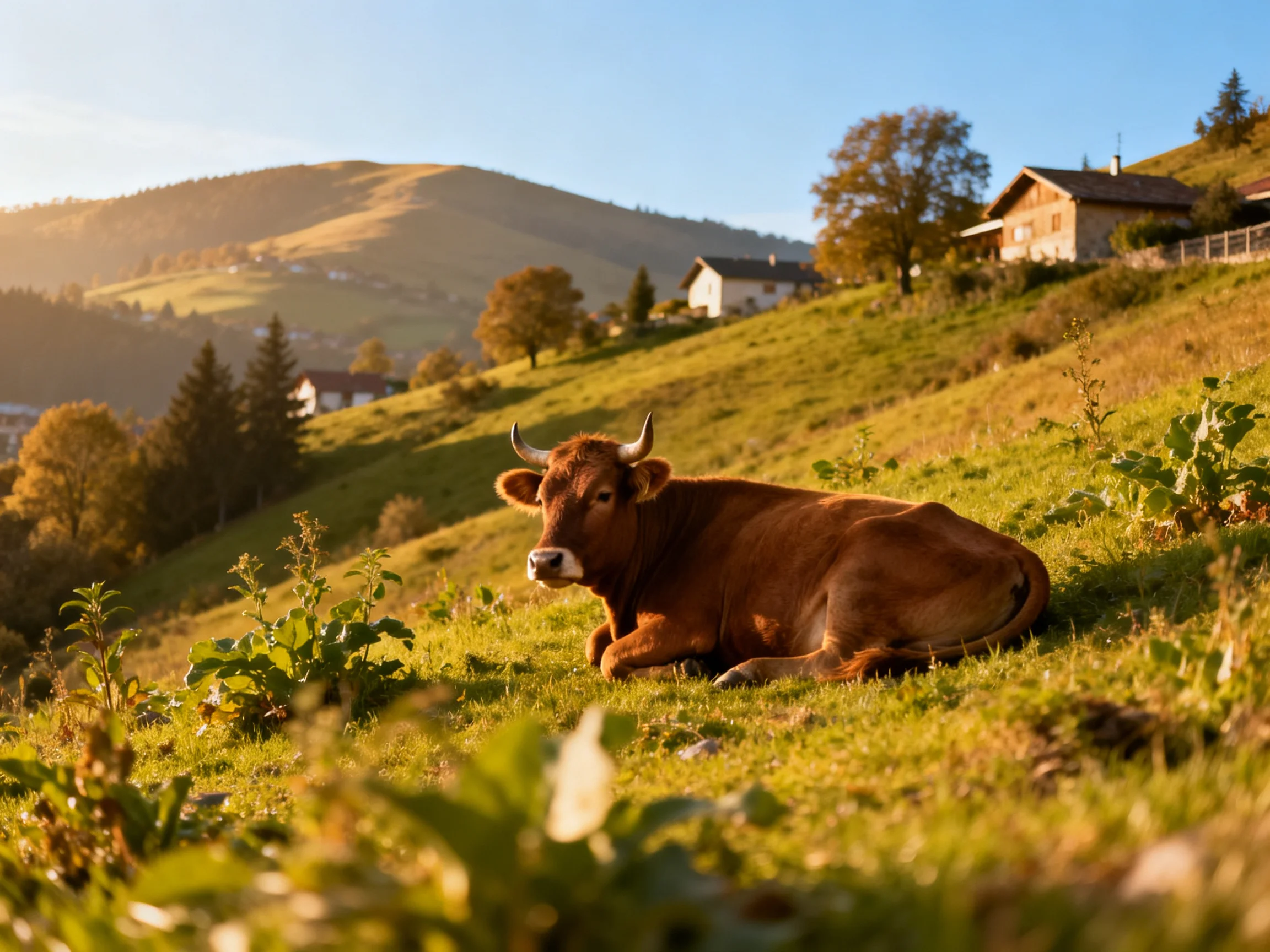 A brown cow rests on a sunlit green hillside near wooden cottages