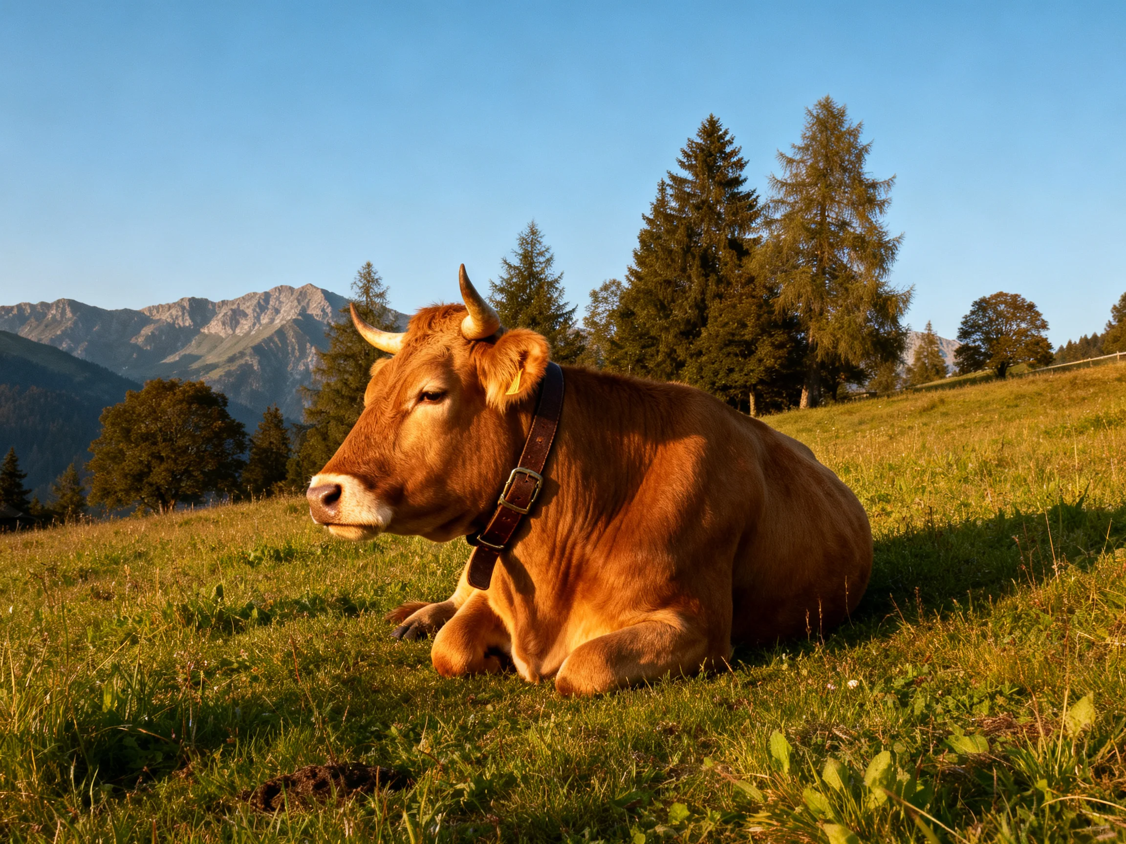 A brown cow relaxes on a sunlit meadow with pine trees and mountains in view distance