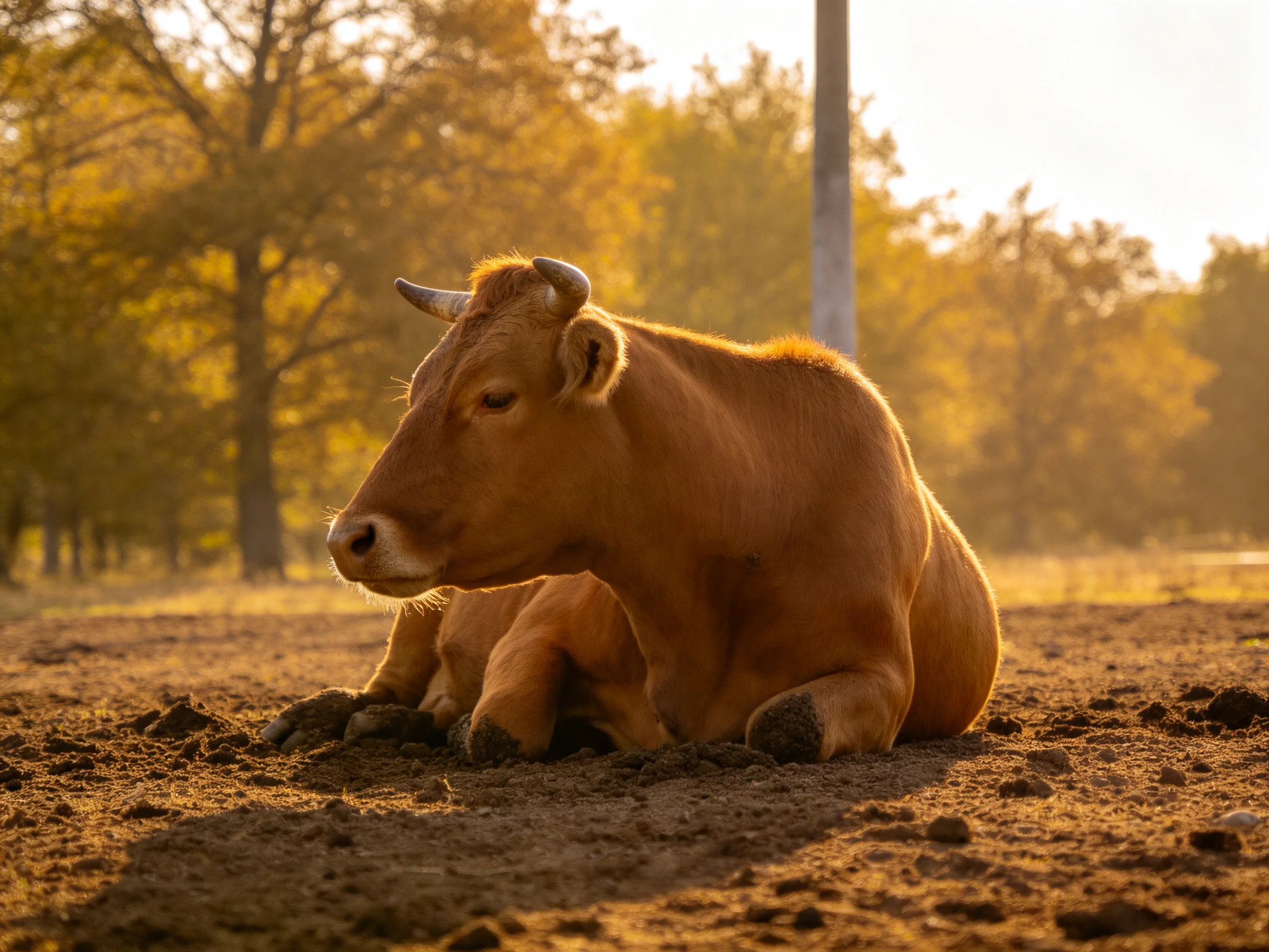 A brown cow rests on dusty earth surrounded by golden trees