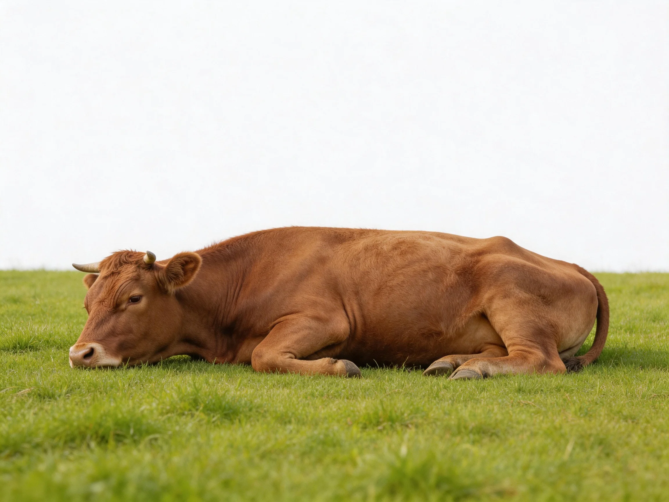 A brown cow rests on lush green grass