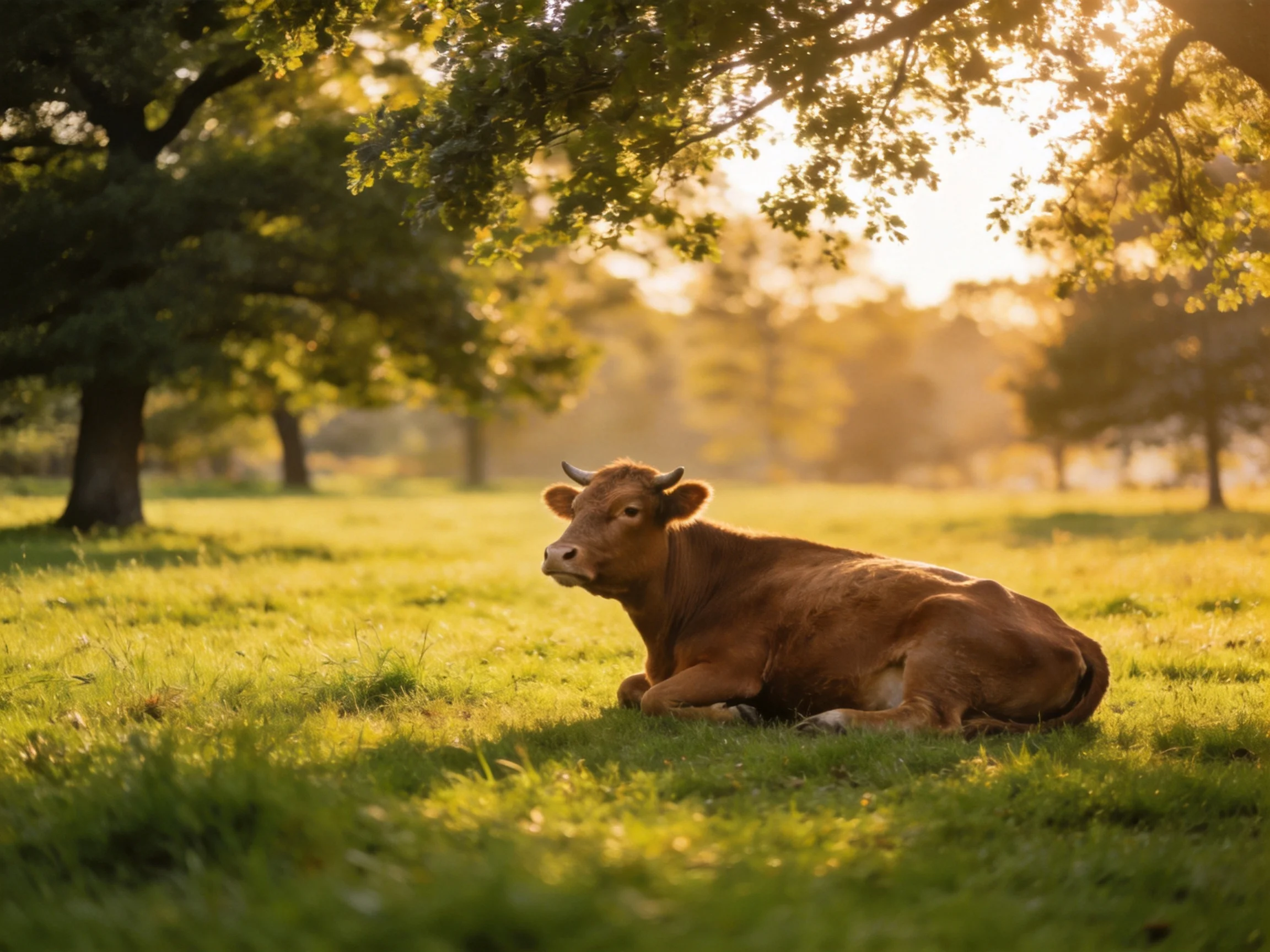 A brown cow relaxes on grass in a sunlit, tree-filled meadow.