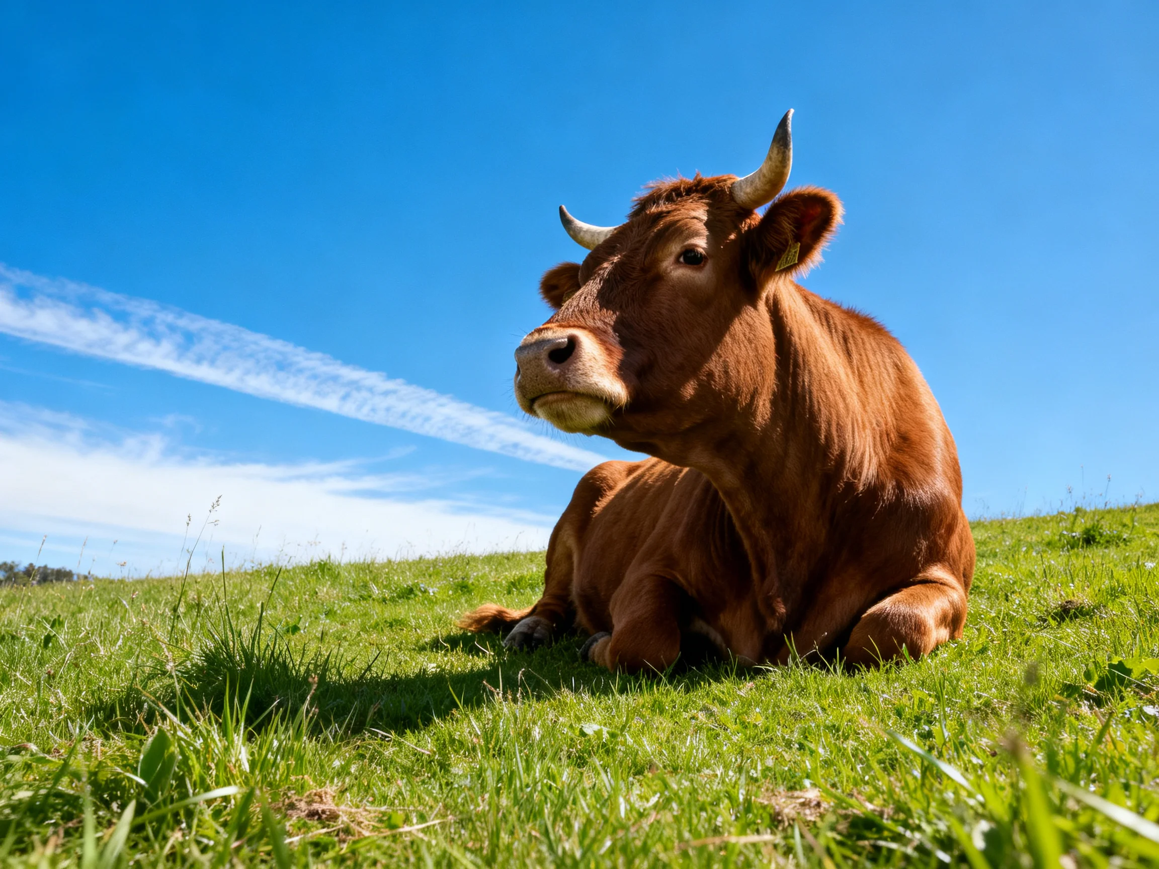 A brown cow rests on lush green grass under a clear blue sky