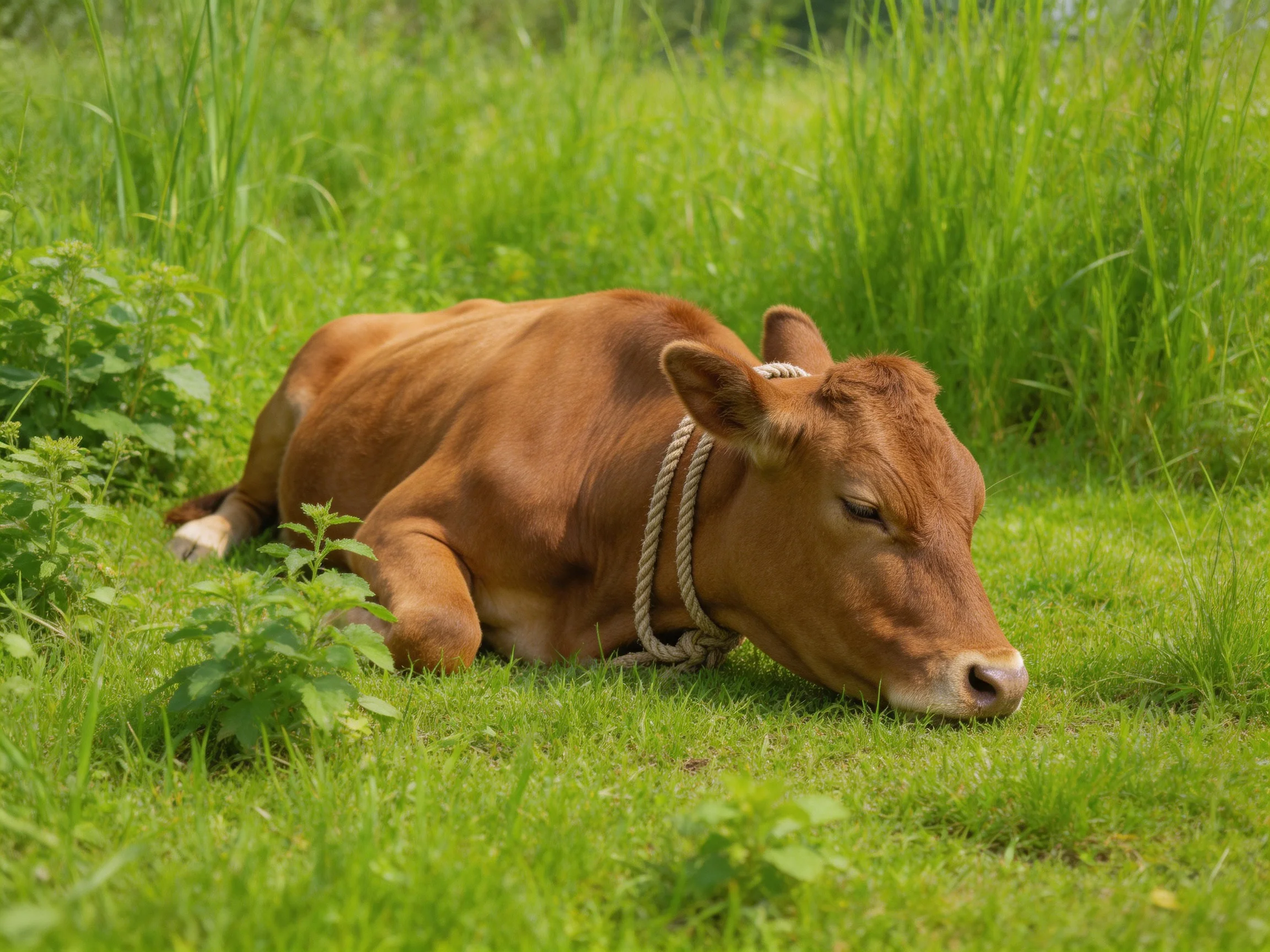 A brown cow rests on lush green grass with a rope collar