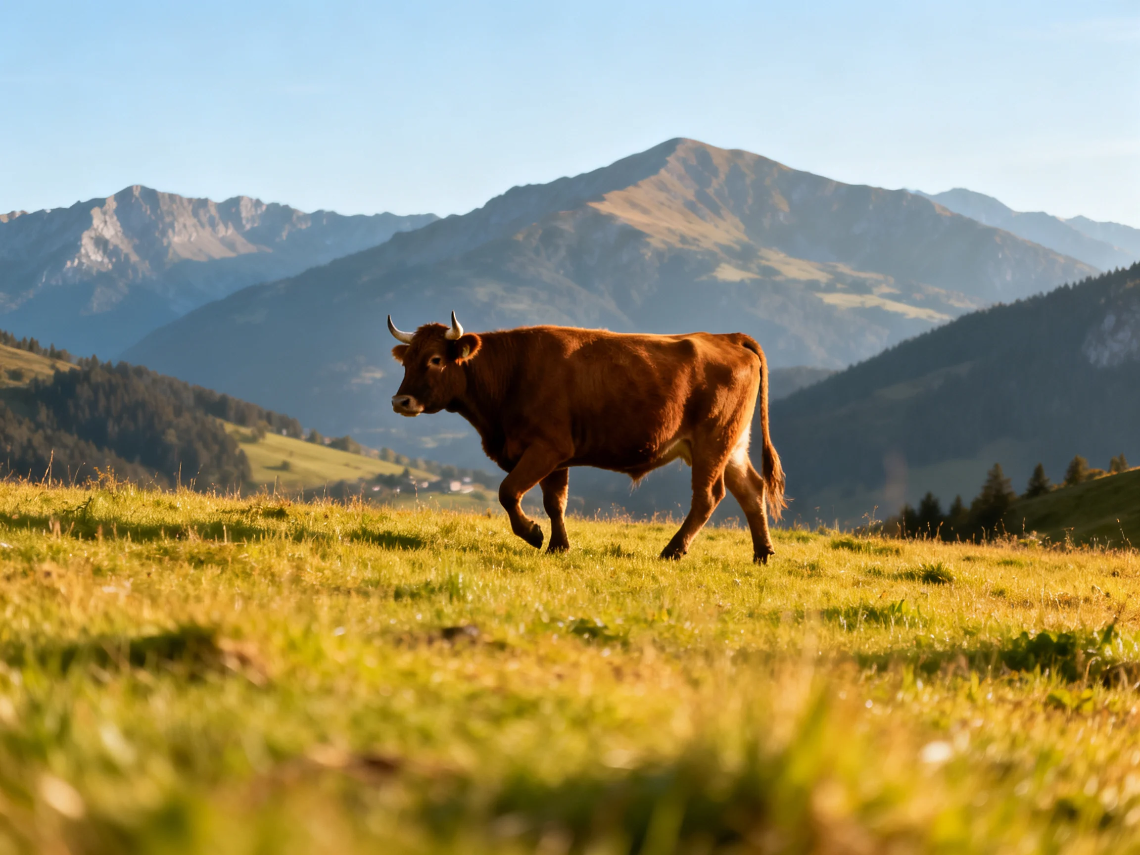 A brown cow roams a golden meadow with distant mountain peaks