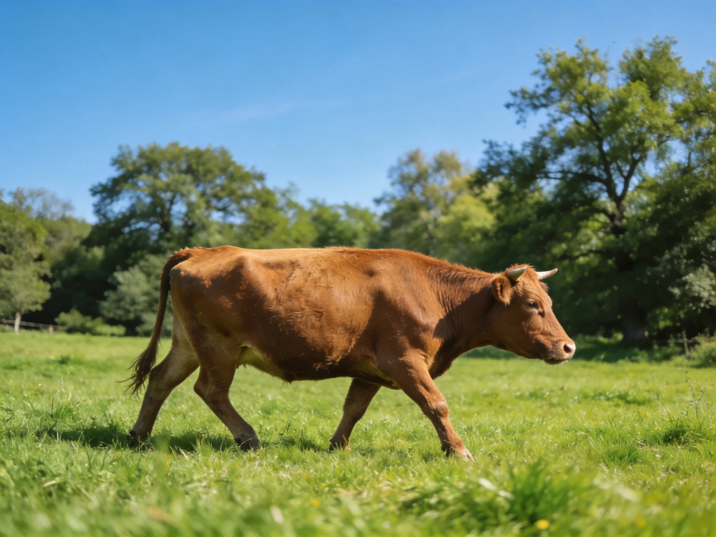 A brown cow roams a lush green meadow beside leafy trees