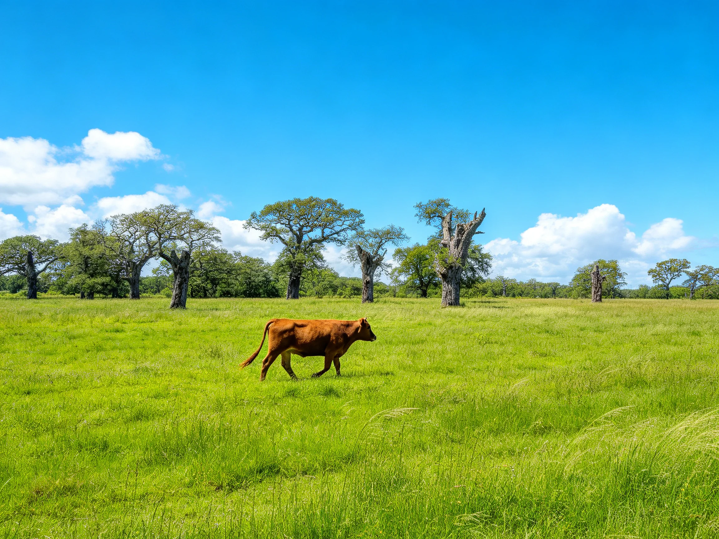 A brown cow roams a lush green meadow with scattered ancient trees