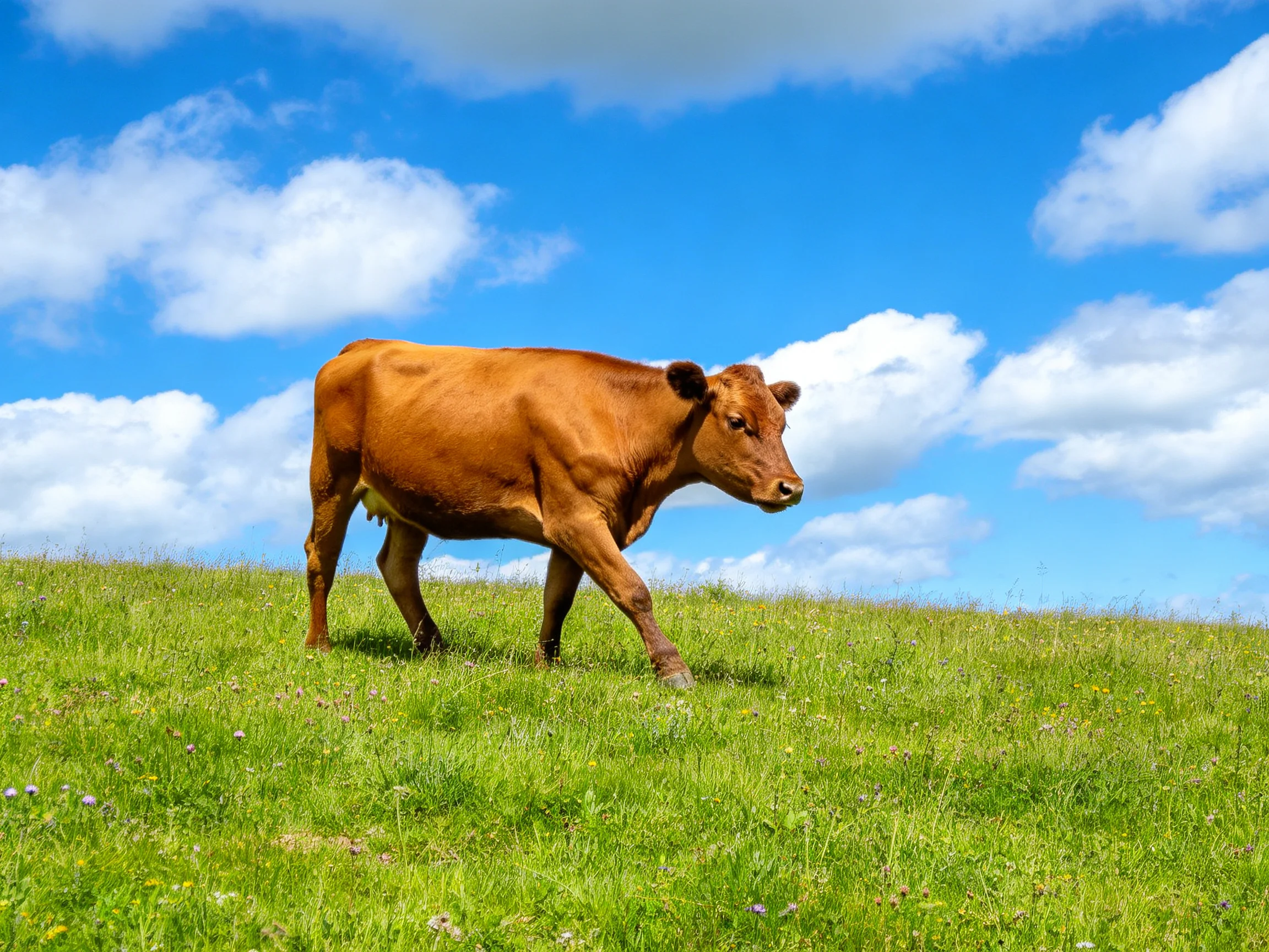 A brown cow roams a lush green pasture under a bright blue sky with fluffy clouds