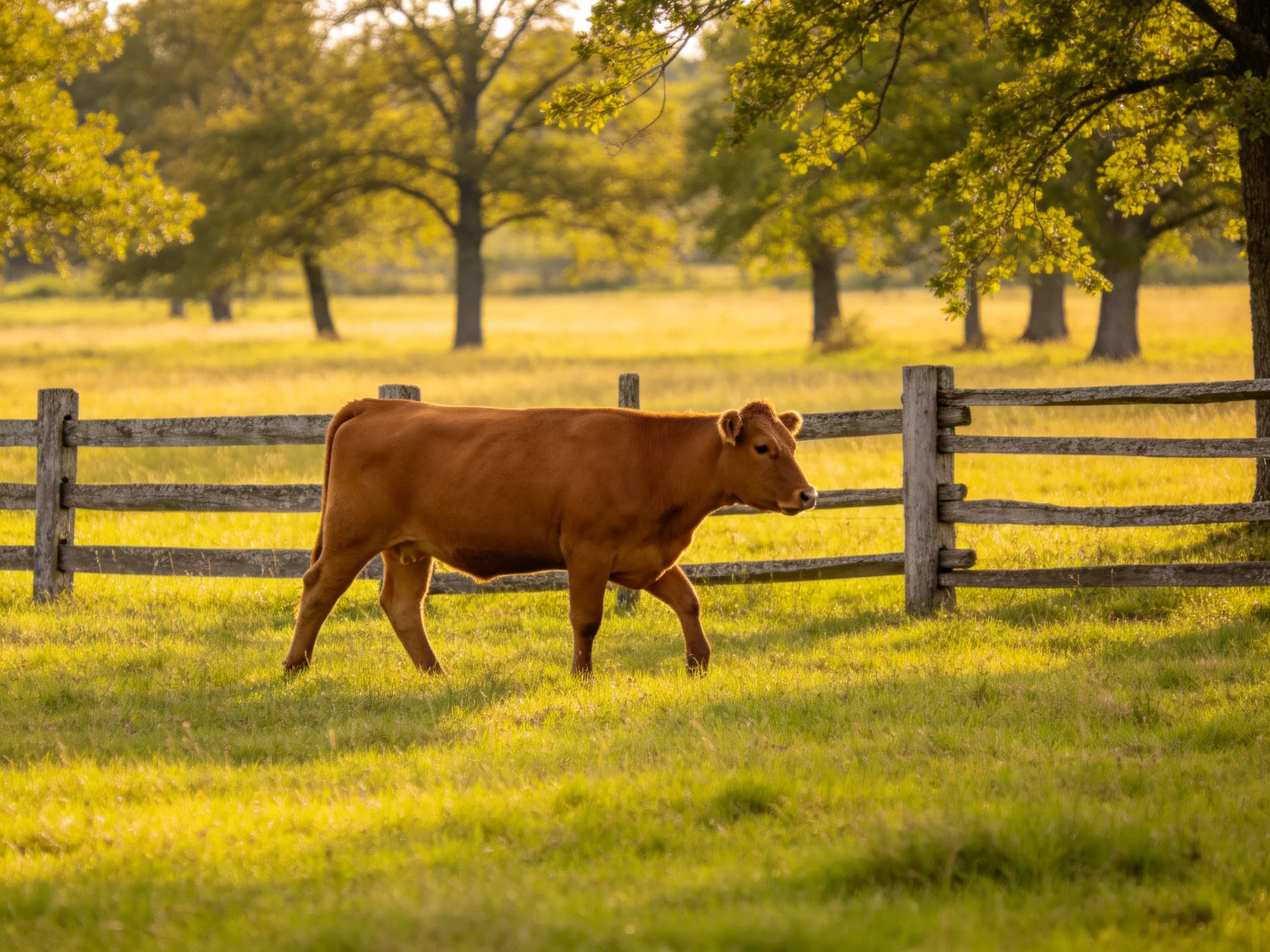A brown cow roams a sunlit green pasture near a wooden fence
