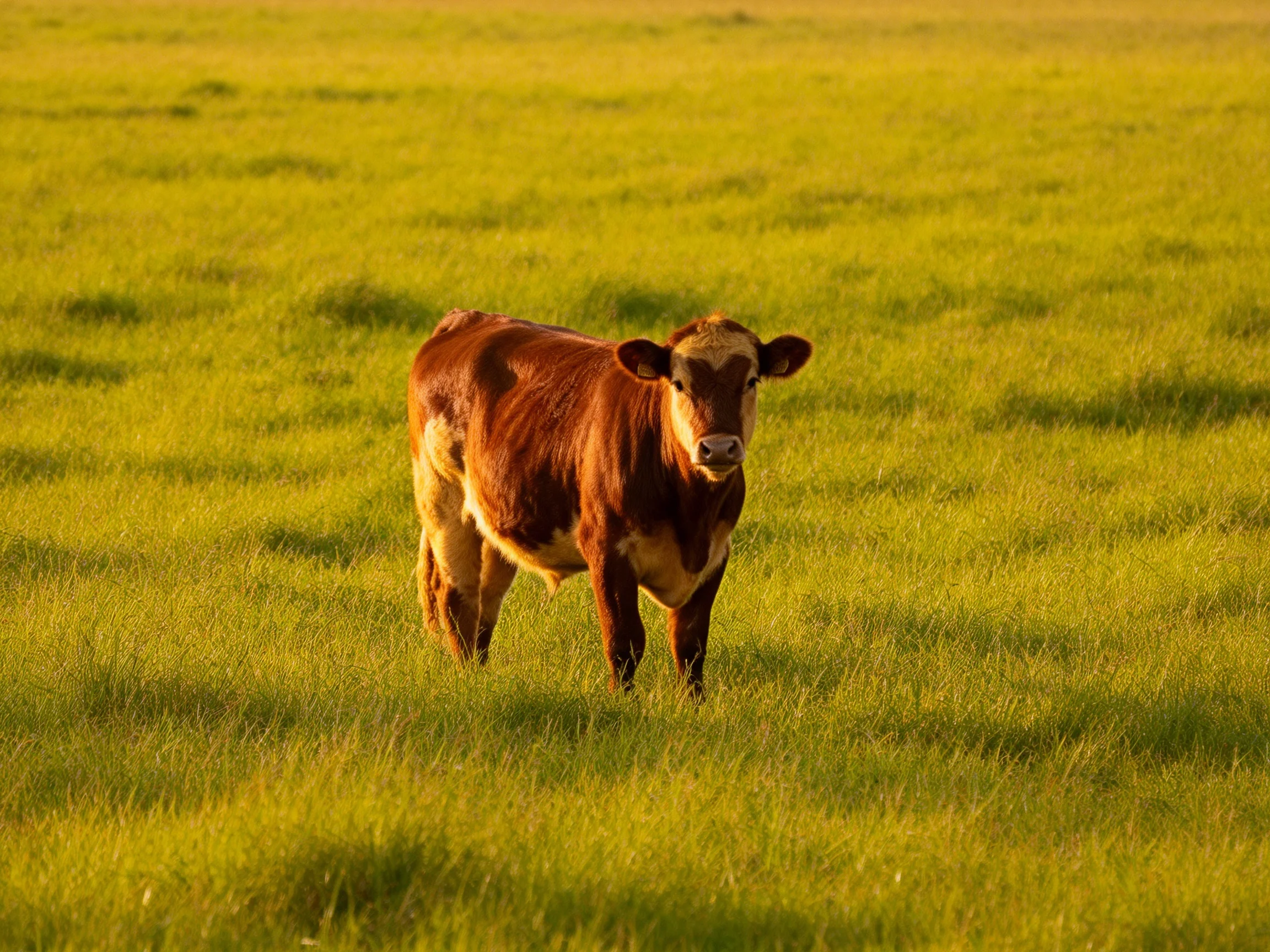 A brown cow stands alone in a vast green pasture