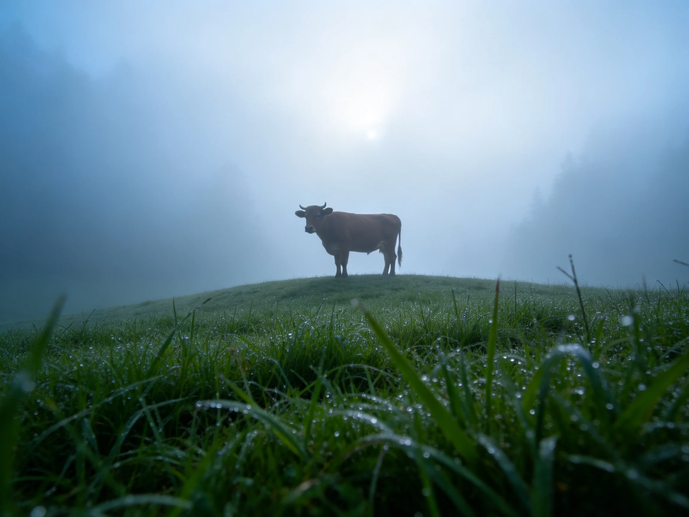 A brown cow stands alone on a dewy, fog-shrouded grassy hill