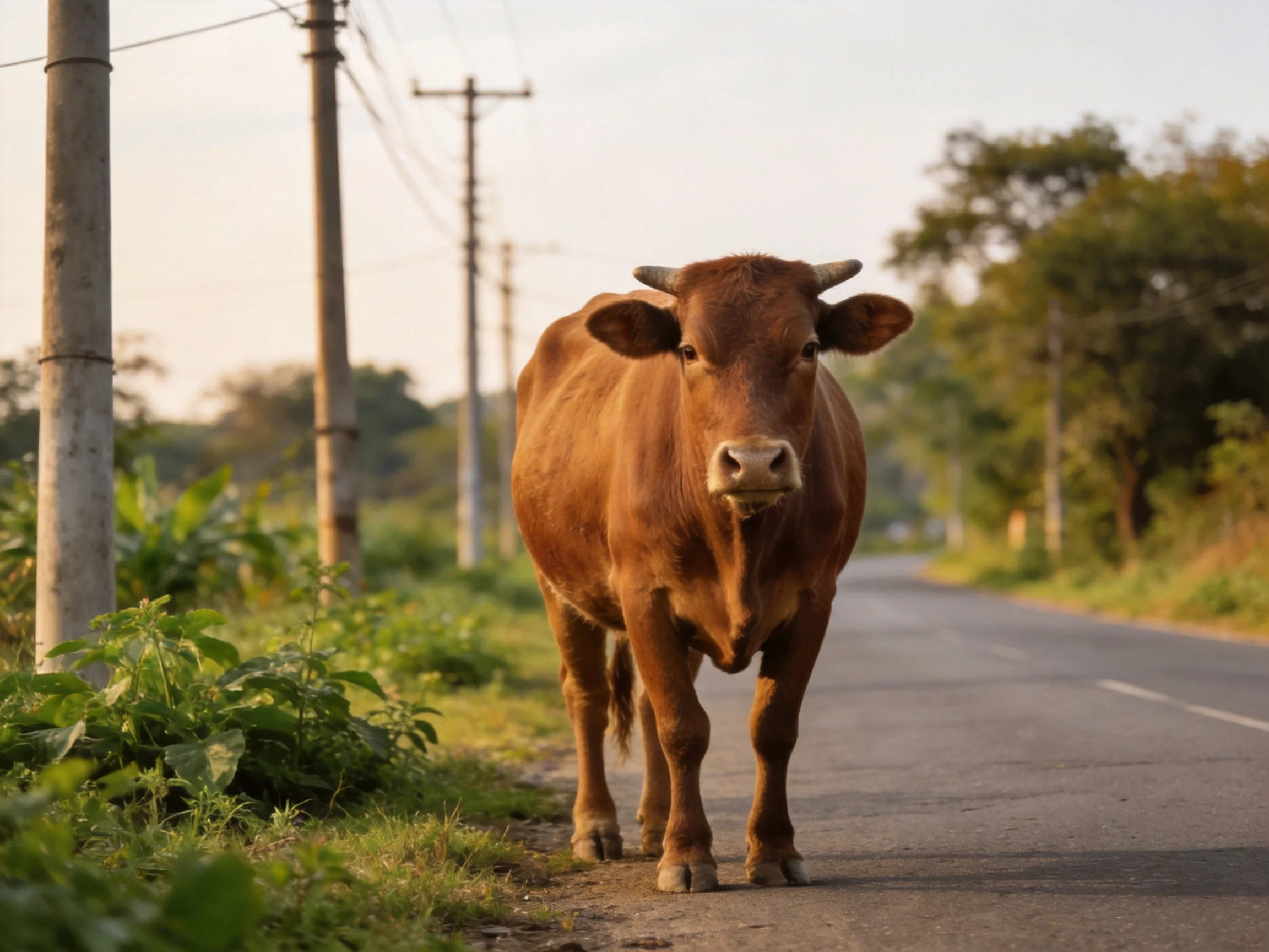A brown cow stands alone on a rural road near utility poles