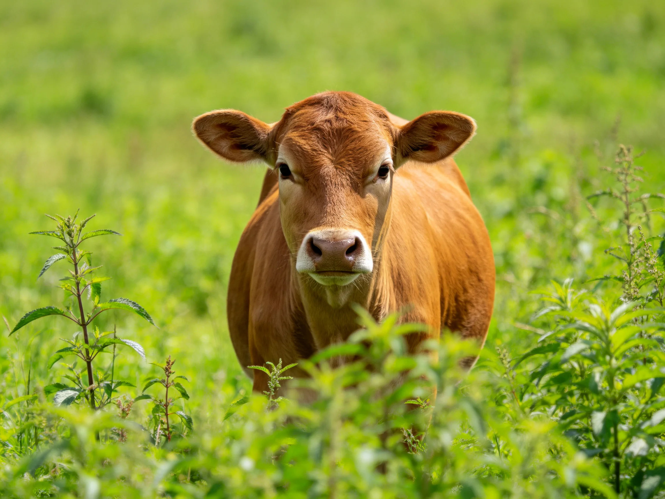 A brown cow is surrounded by dense greenery in a sunlit outdoor setting.