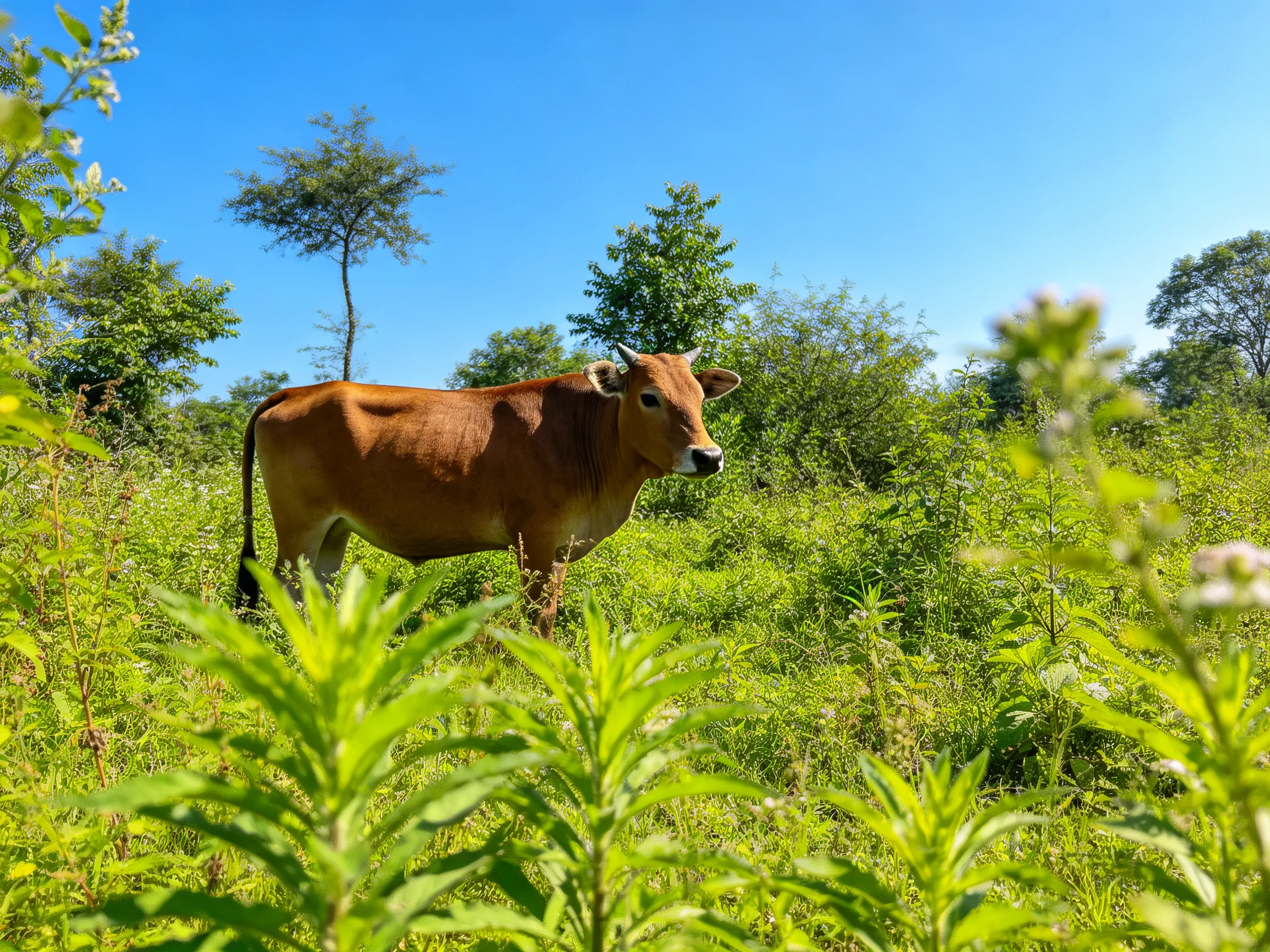 A brown cow stands amid lush green vegetation under a clear blue sky