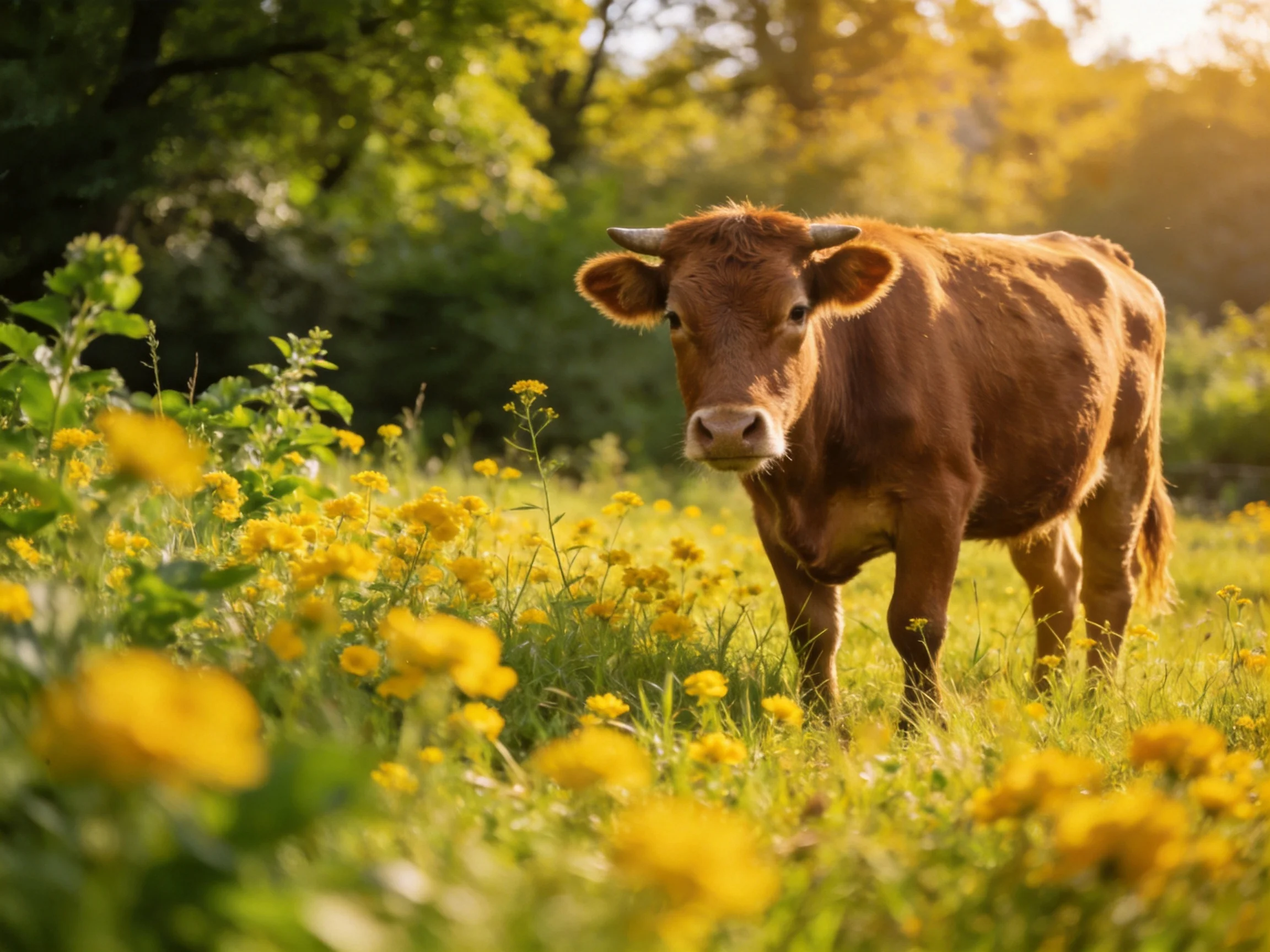 A brown cow stands among yellow wildflowers in a sunlit meadow.