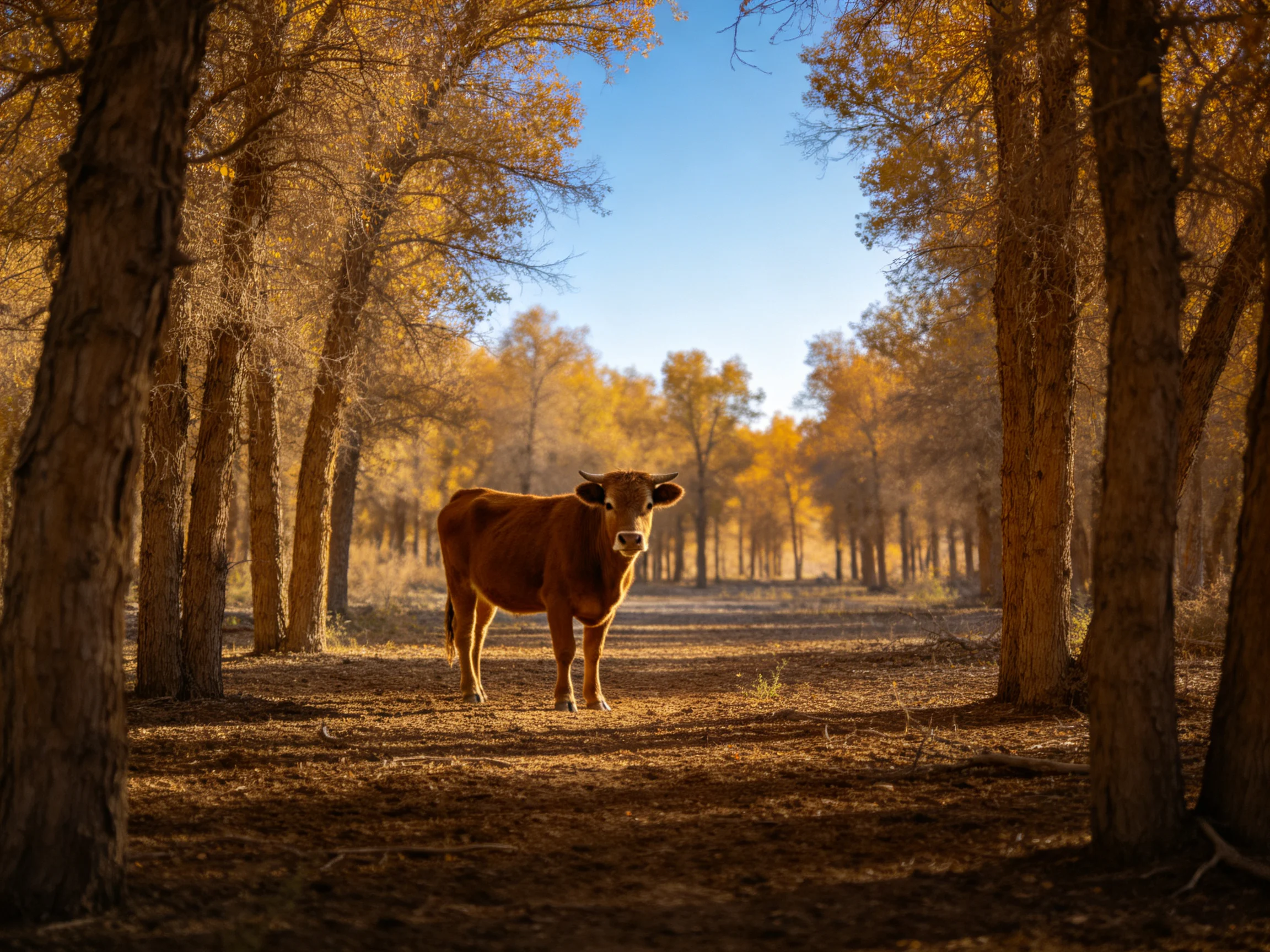 A brown cow stands in a sunlit forest path surrounded by golden trees