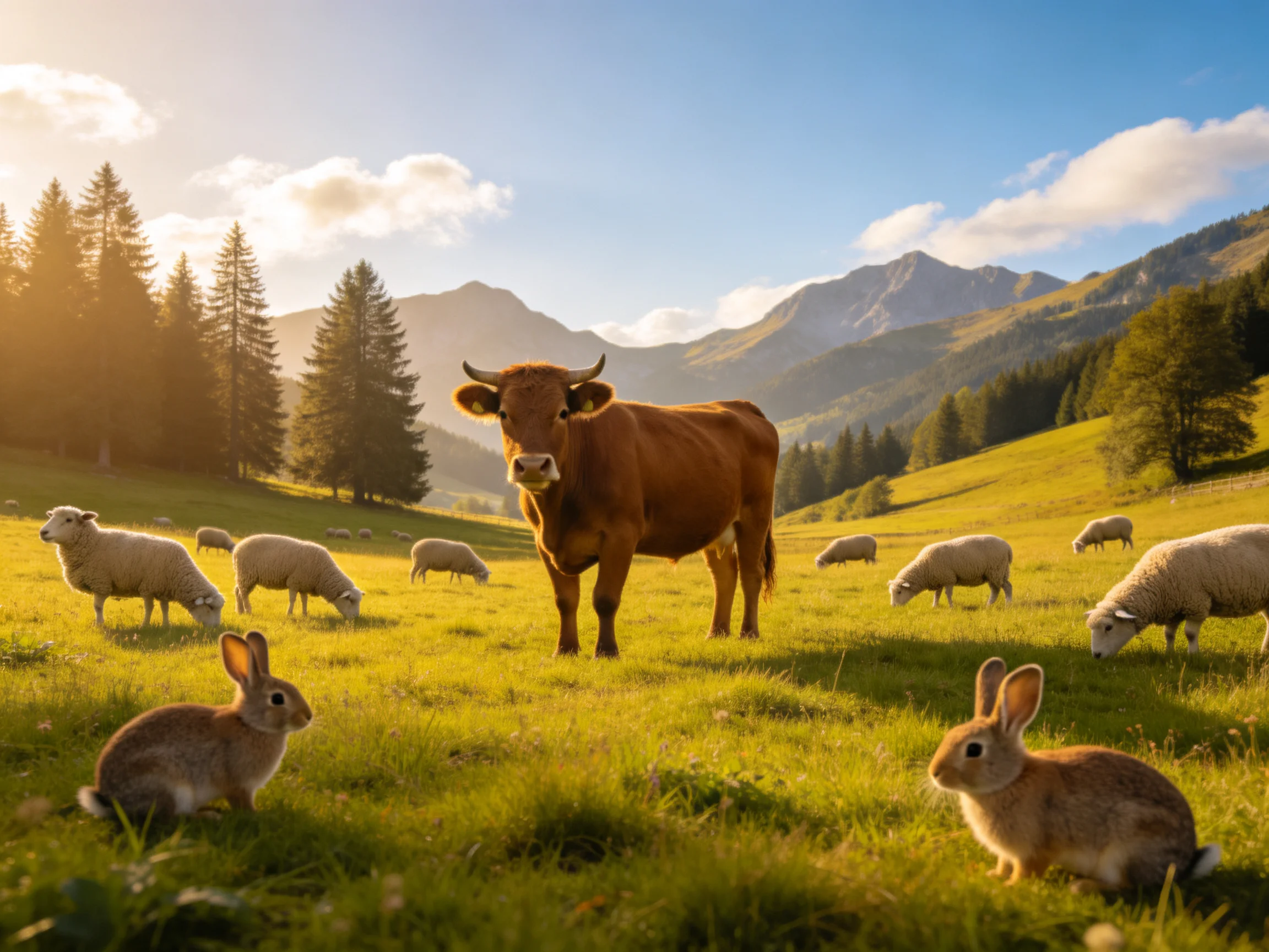 A brown cow stands among sheep and rabbits in a sunlit mountain meadow