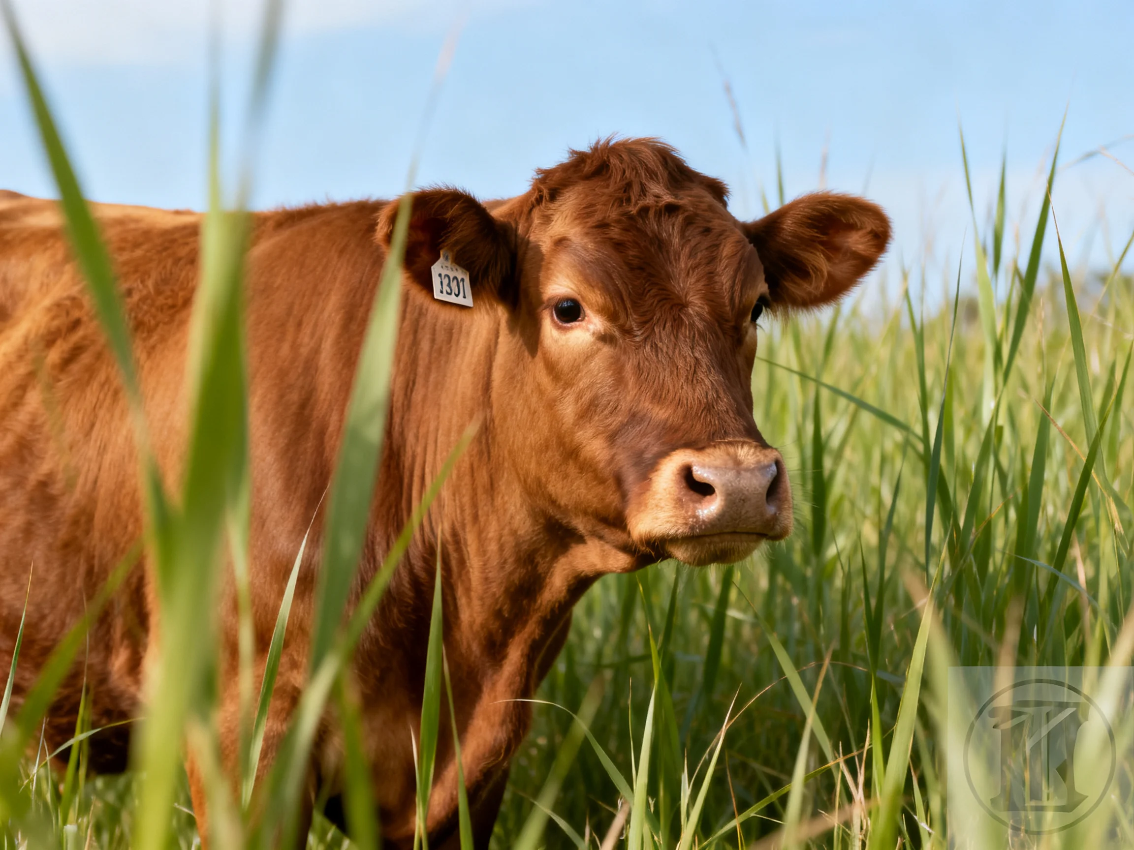 A brown cow is surrounded by tall green grass in a sunlit field.