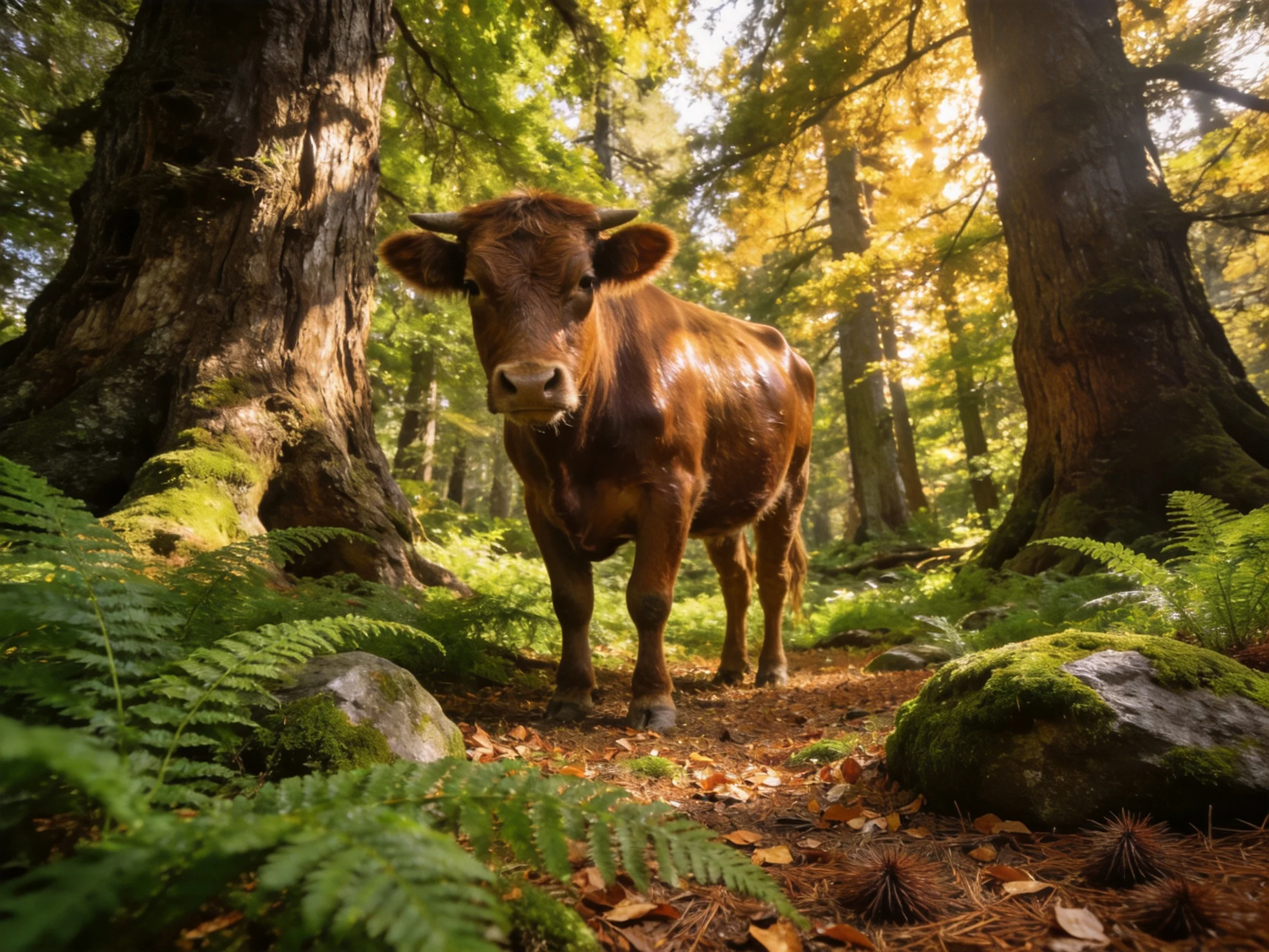 A brown cow stands among tall trees and ferns in a sunlit forest