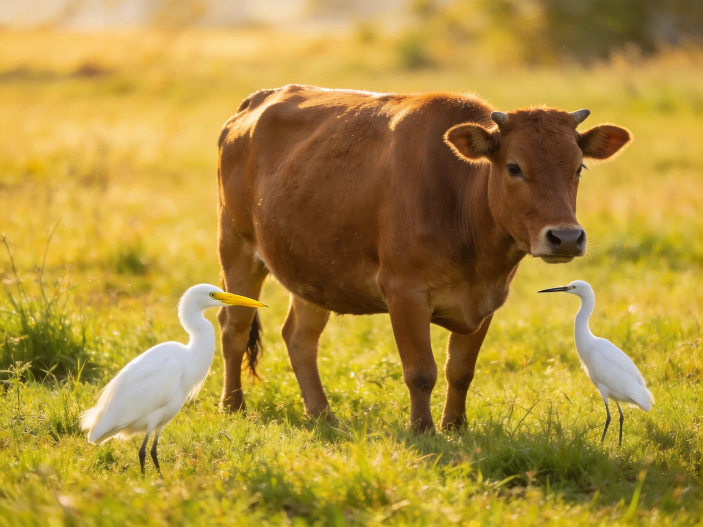 A brown cow stands among two white egrets in a sunlit meadow