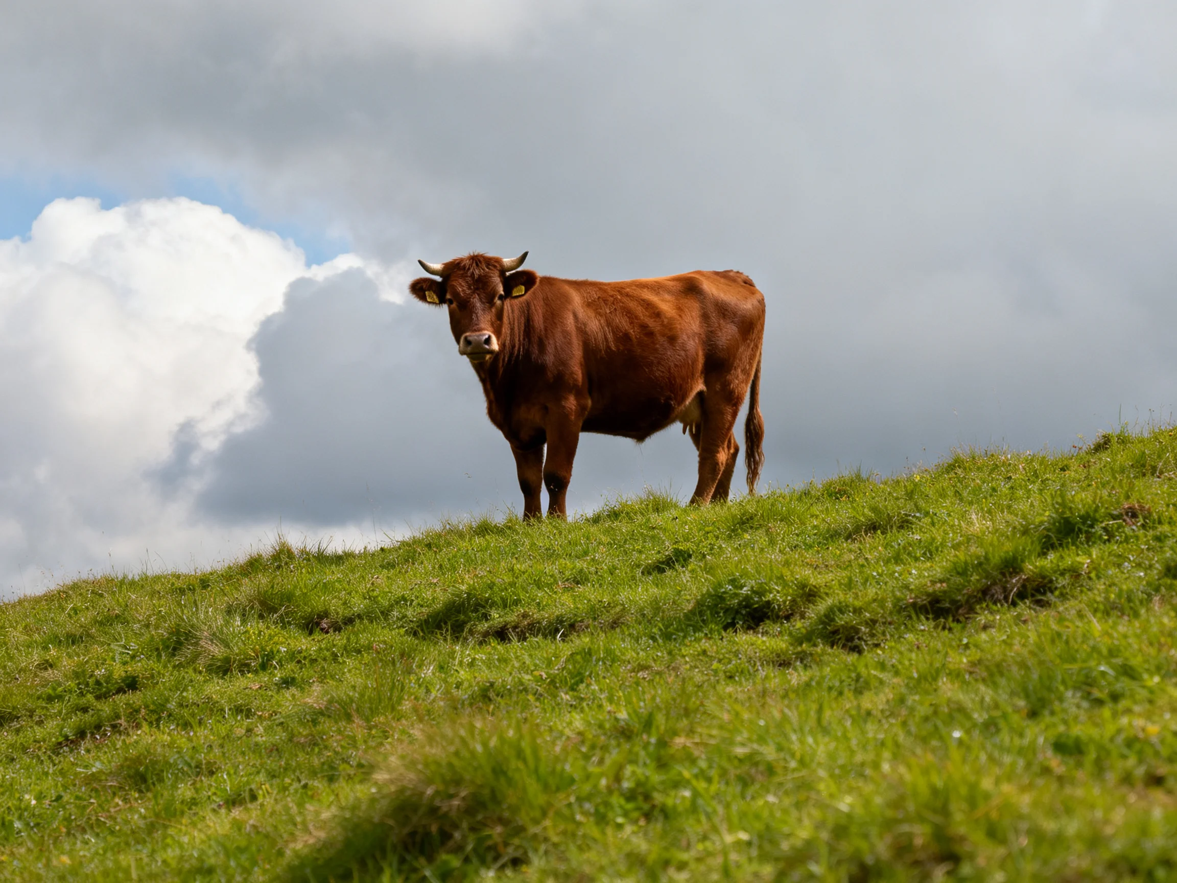 A brown cow stands atop a lush green hill beneath dramatic clouds