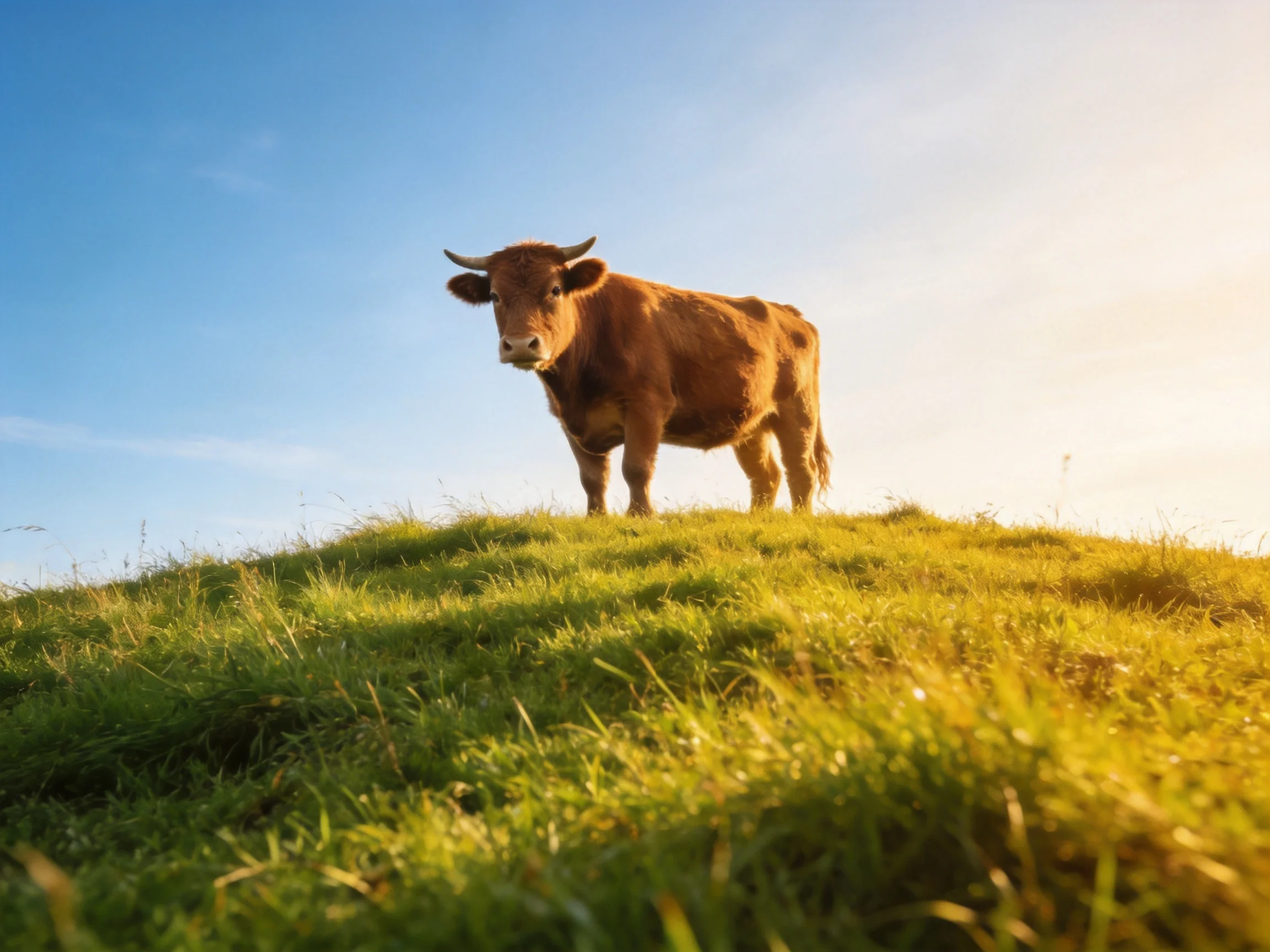 A brown cow stands atop a lush green hill under a clear blue sky