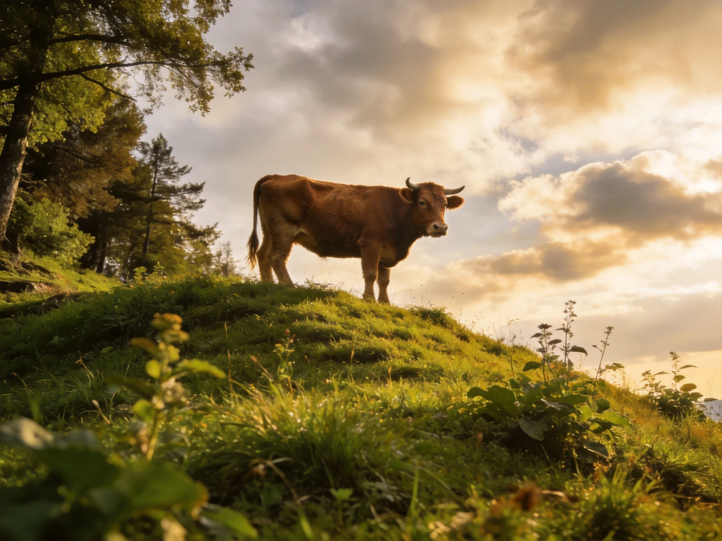 A brown cow stands atop a lush green hillside near trees