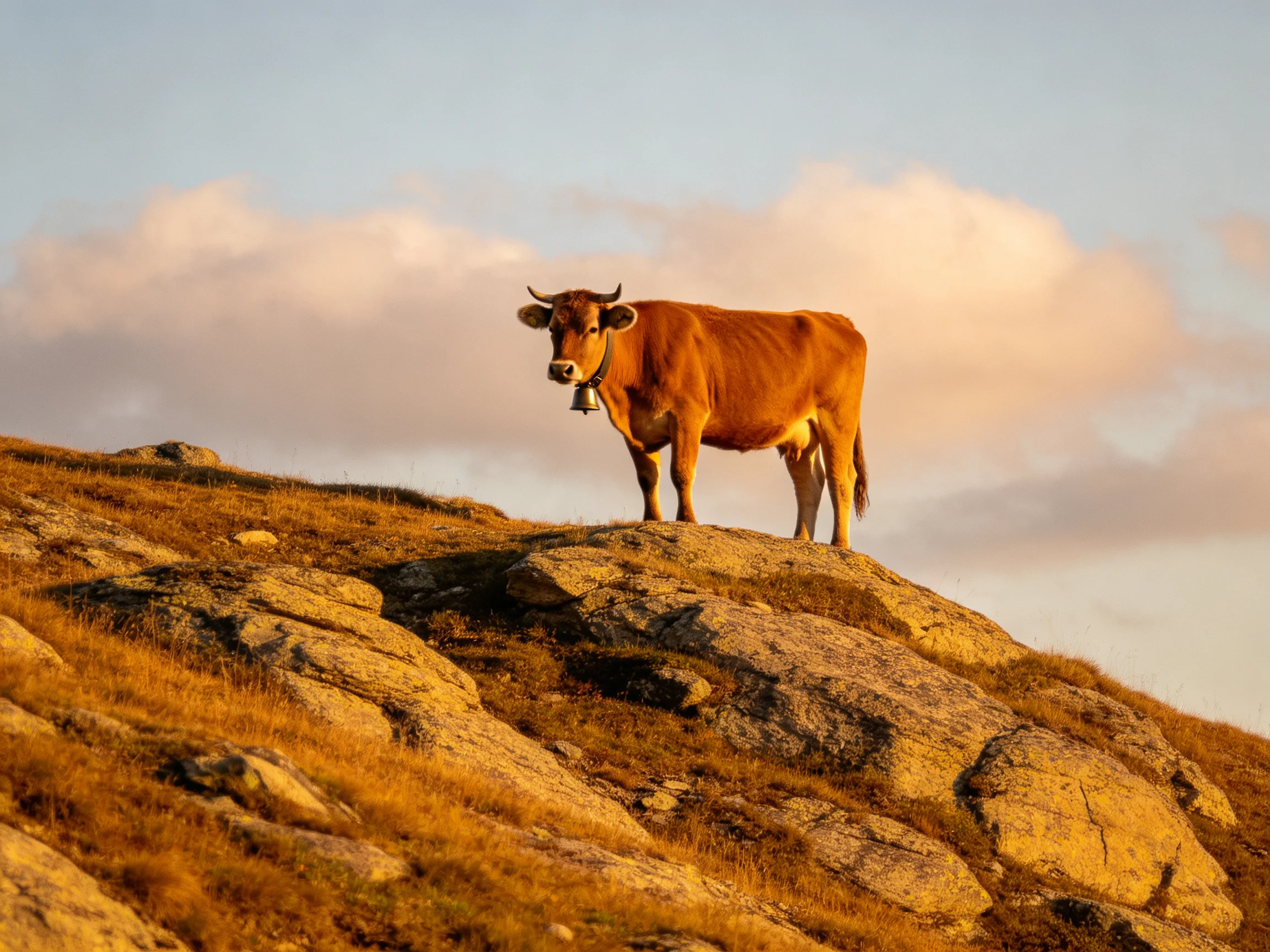 A brown cow stands atop a rocky hillside under golden light