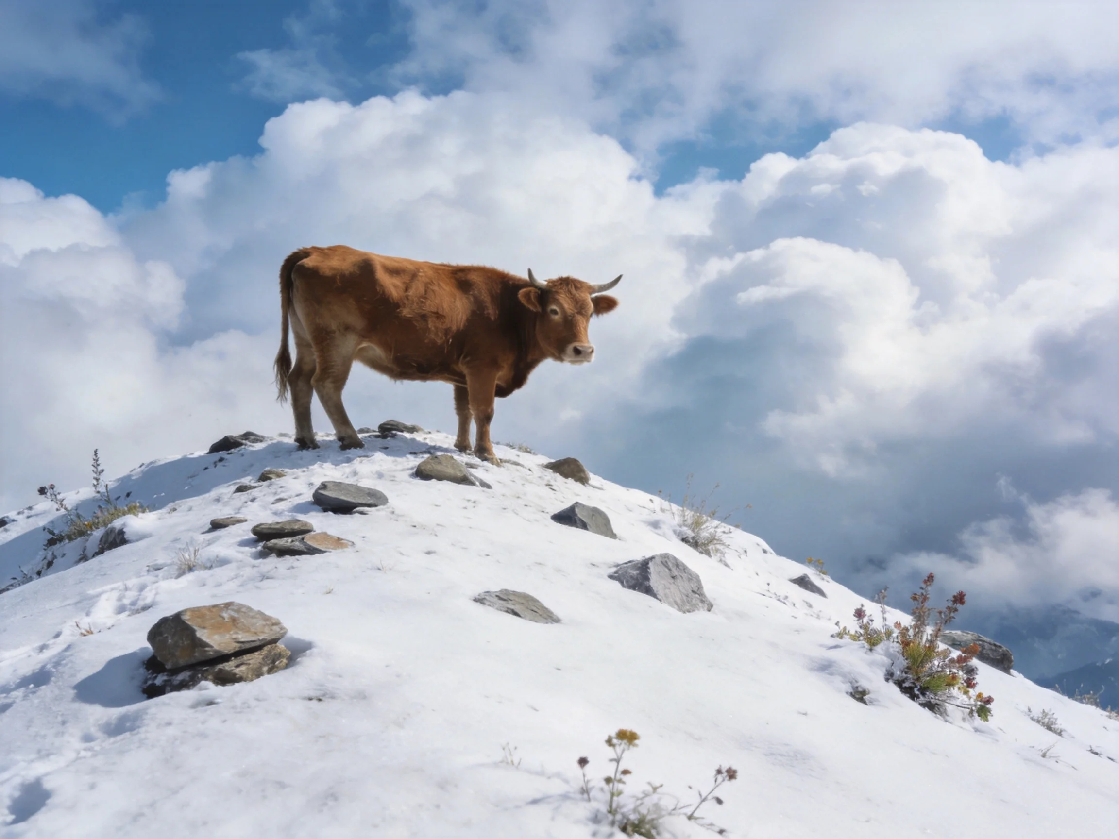 A brown cow stands atop a snow - covered rocky hill under fluffy white clouds