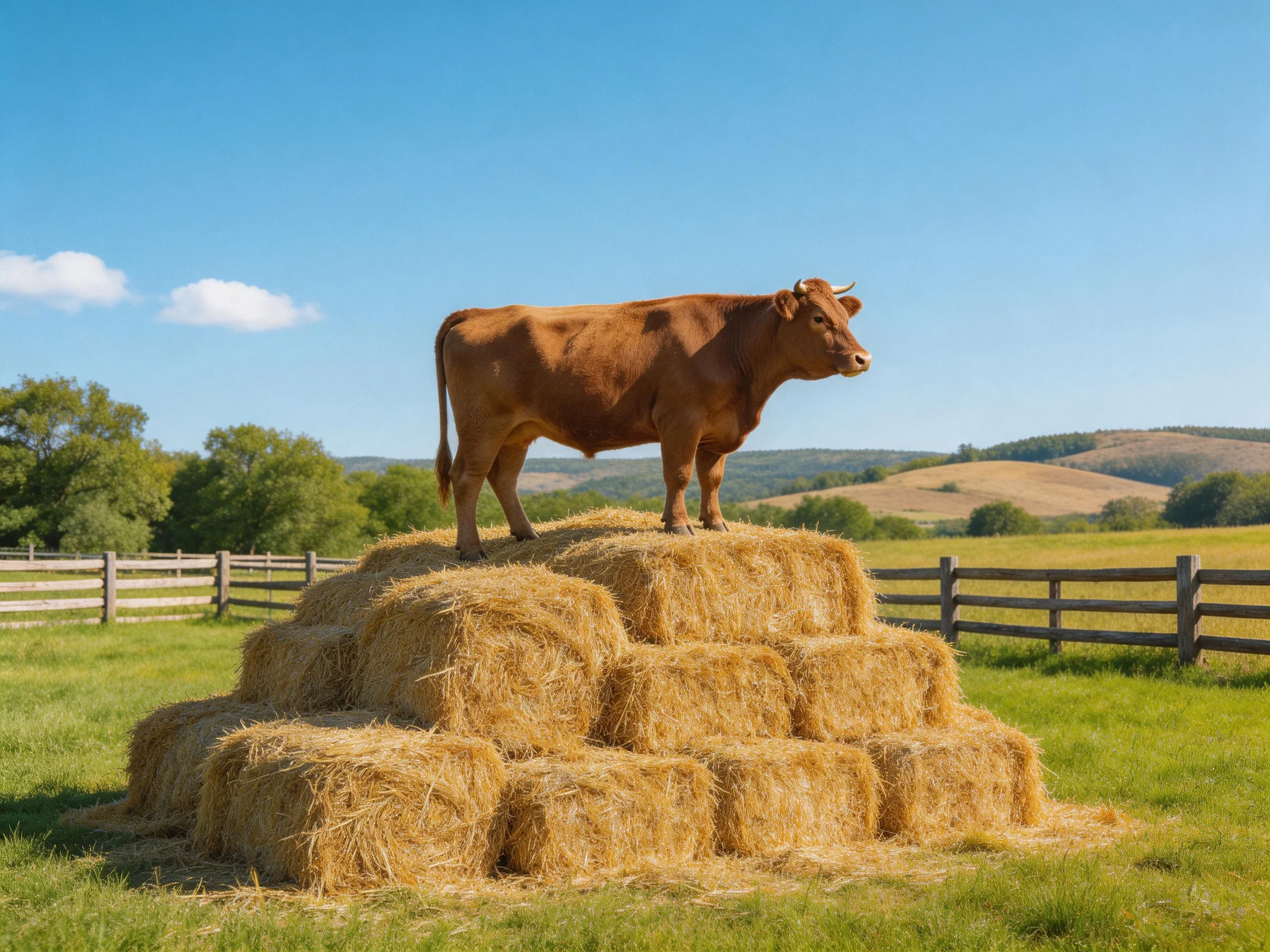 A brown cow stands atop stacked golden hay bales in a sunny farm setting