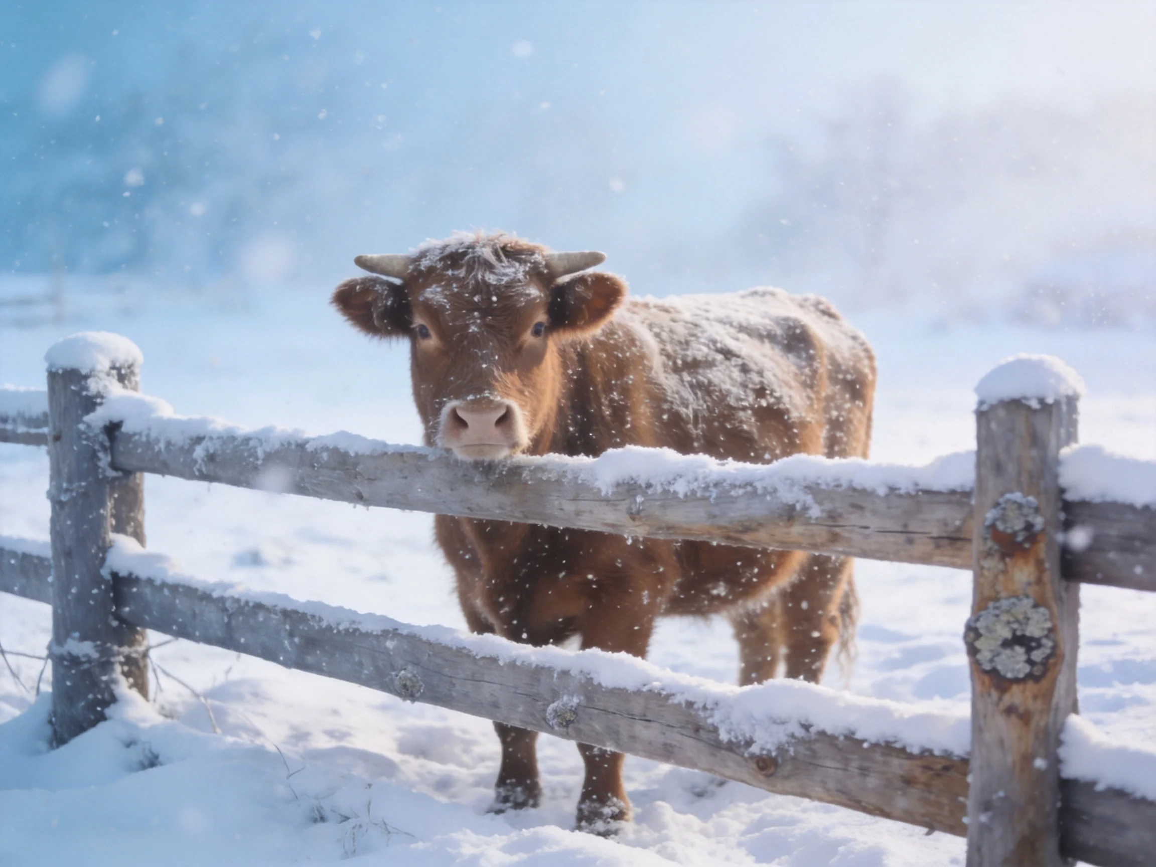 A brown cow stands behind a snow - covered wooden fence in a wintry landscape