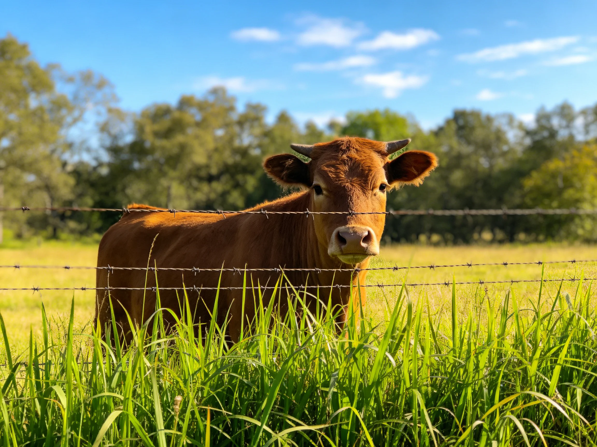 A brown cow stands behind barbed wire in a sunlit green pasture