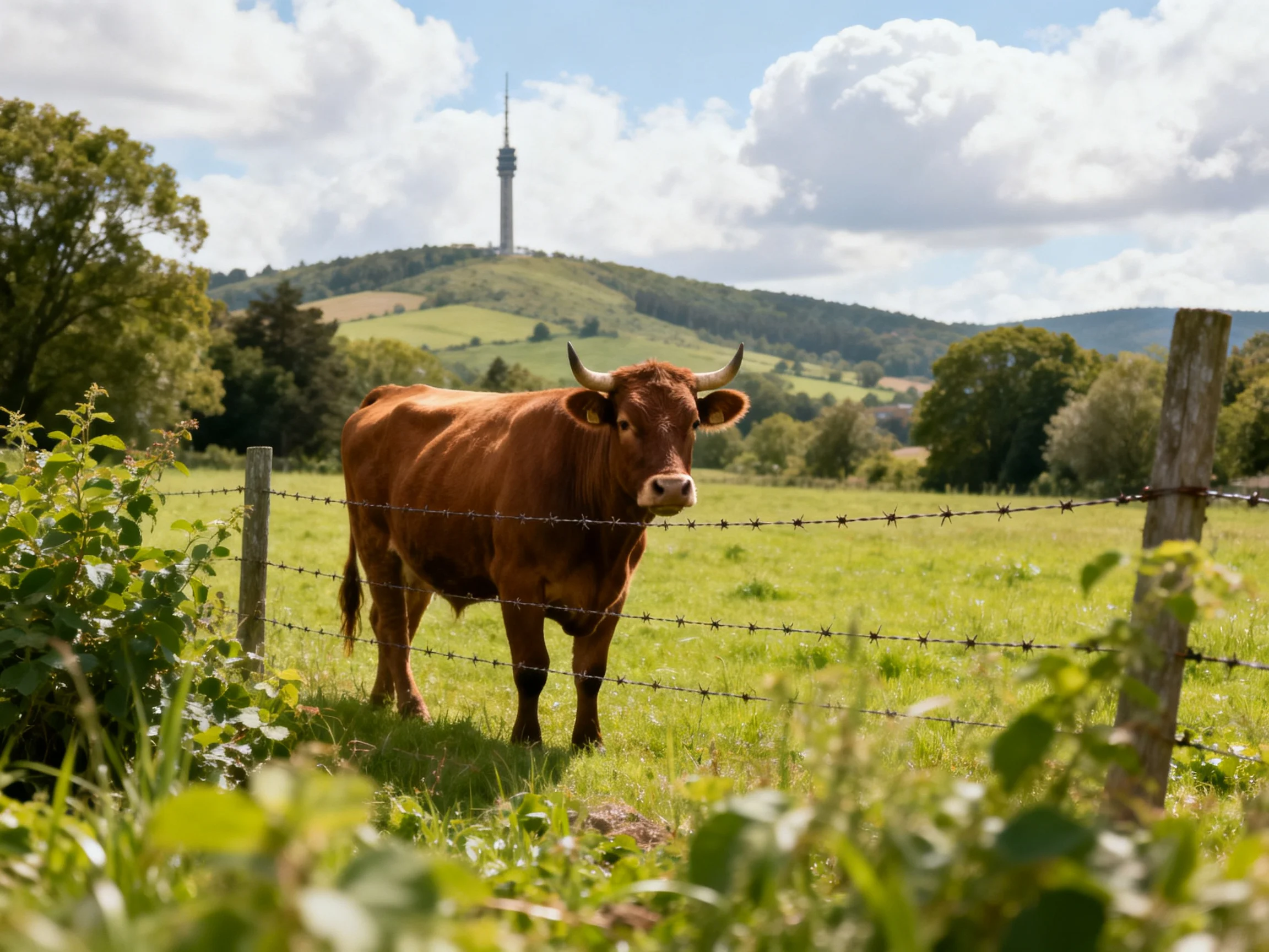 A brown cow stands behind barbed wire near rolling green hills