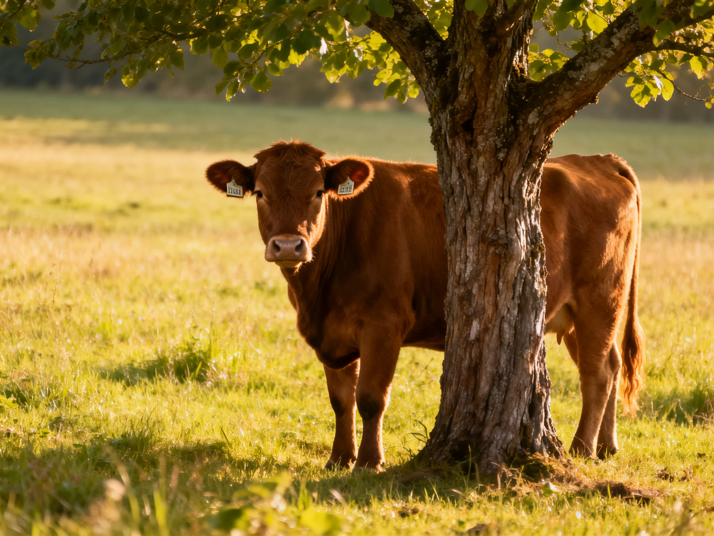 A brown cow stands beside a large tree in a sunlit meadow