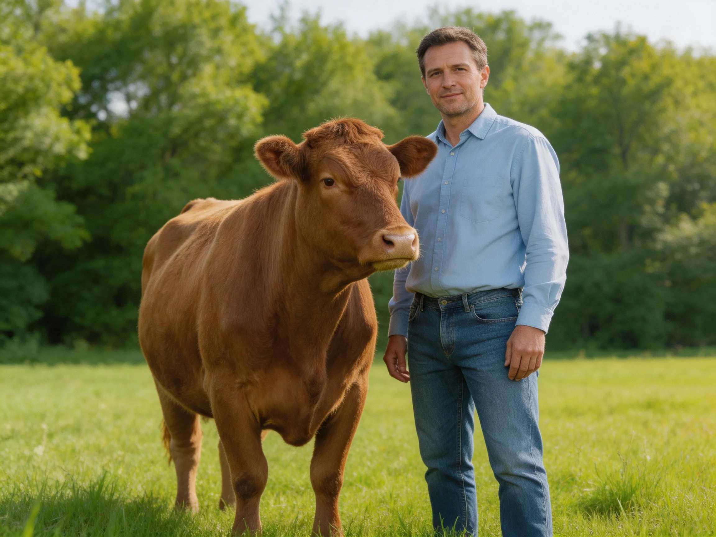 A brown cow stands beside a man in jeans and a light blue shirt on green grass
