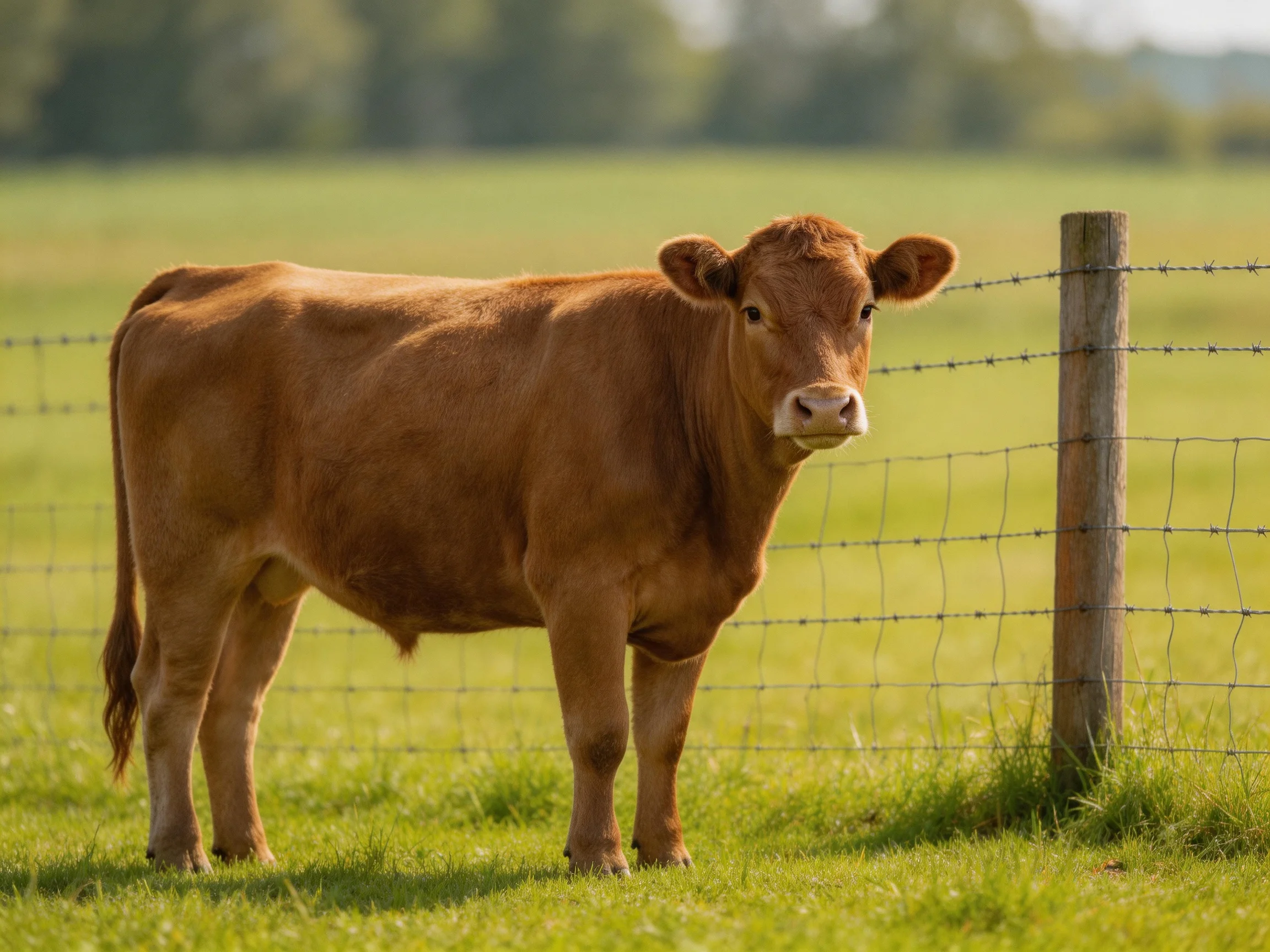 A brown cow stands by a barbed wire fence in a lush green field