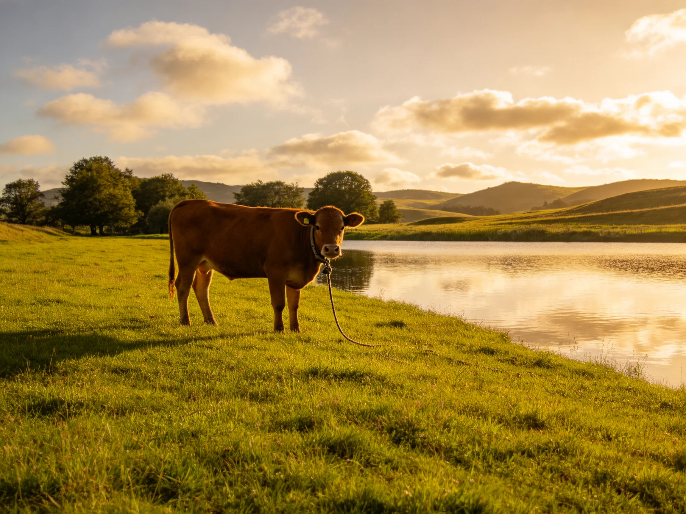 A brown cow stands by a calm lake near rolling green hills