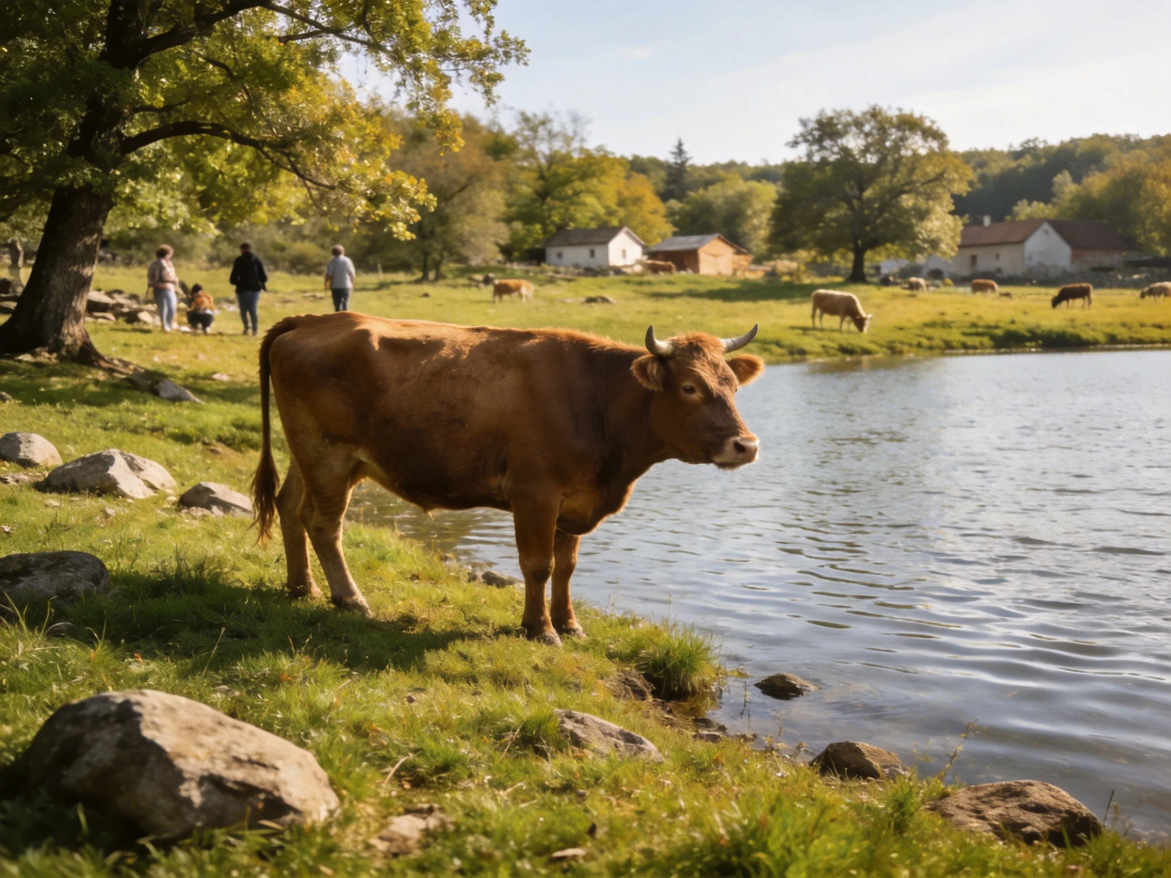 A brown cow stands by a calm pond near a rural farm