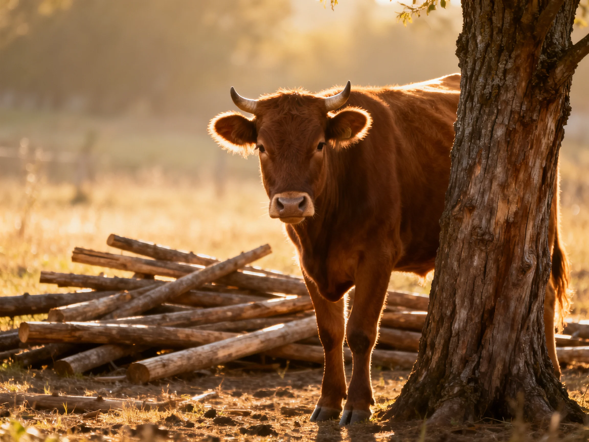 A brown cow stands by a tree near stacked wooden logs in golden light