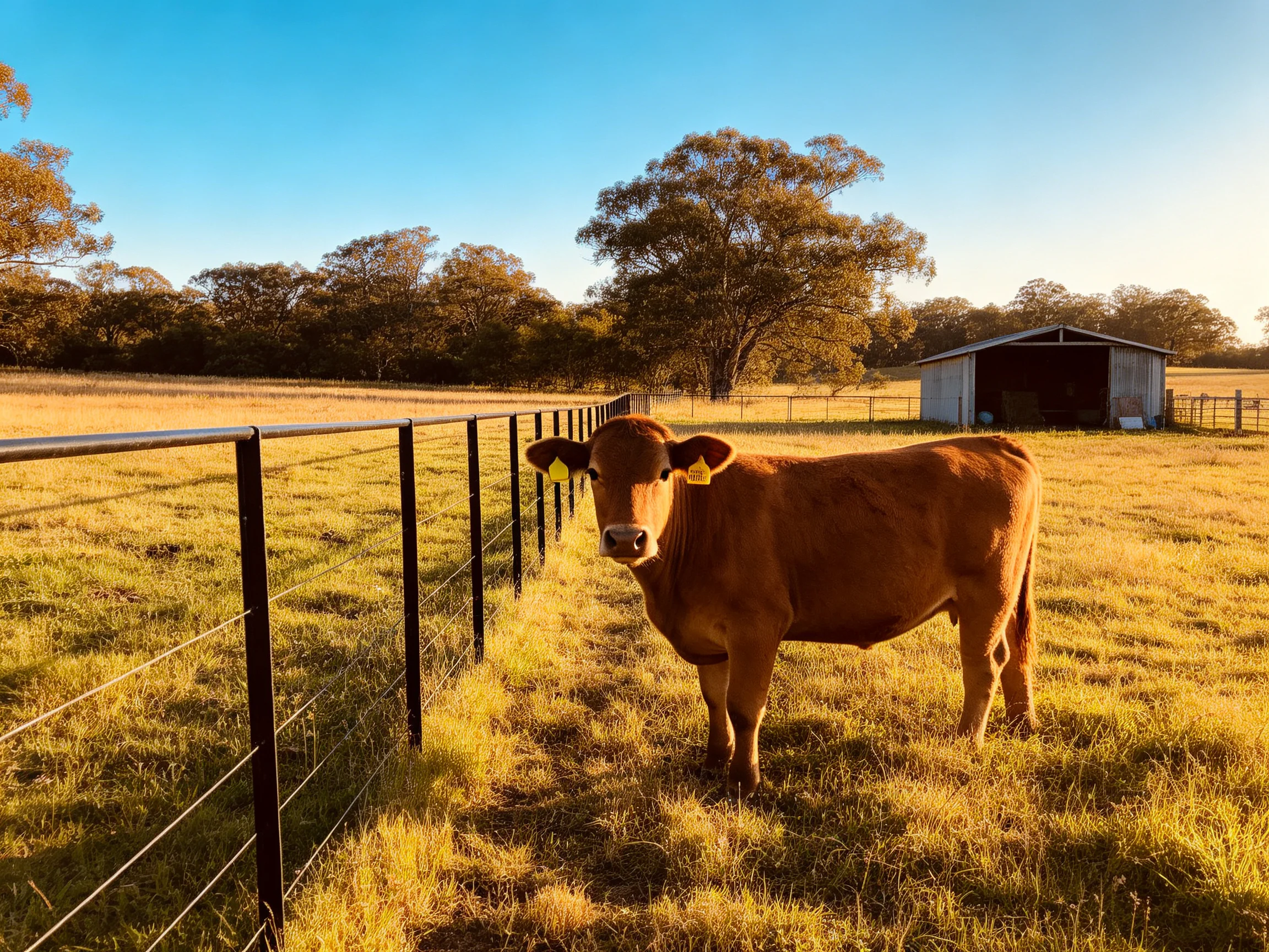 A brown cow stands by a wire fence in a golden field