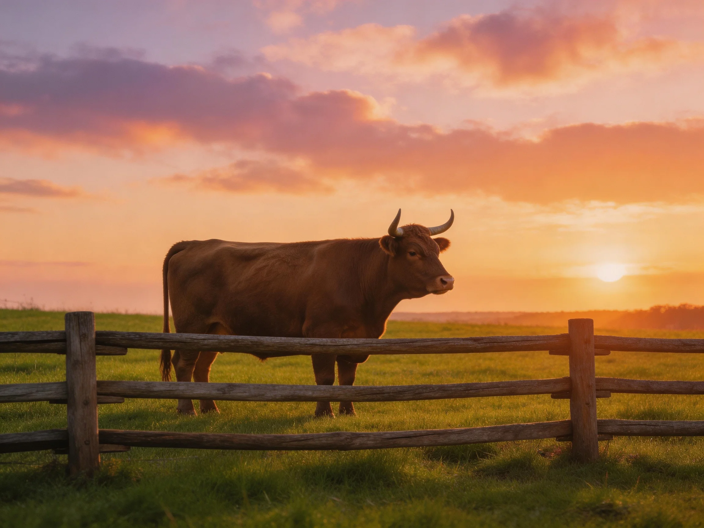 A brown cow stands by a wooden fence in a green field under a vibrant sunset sky