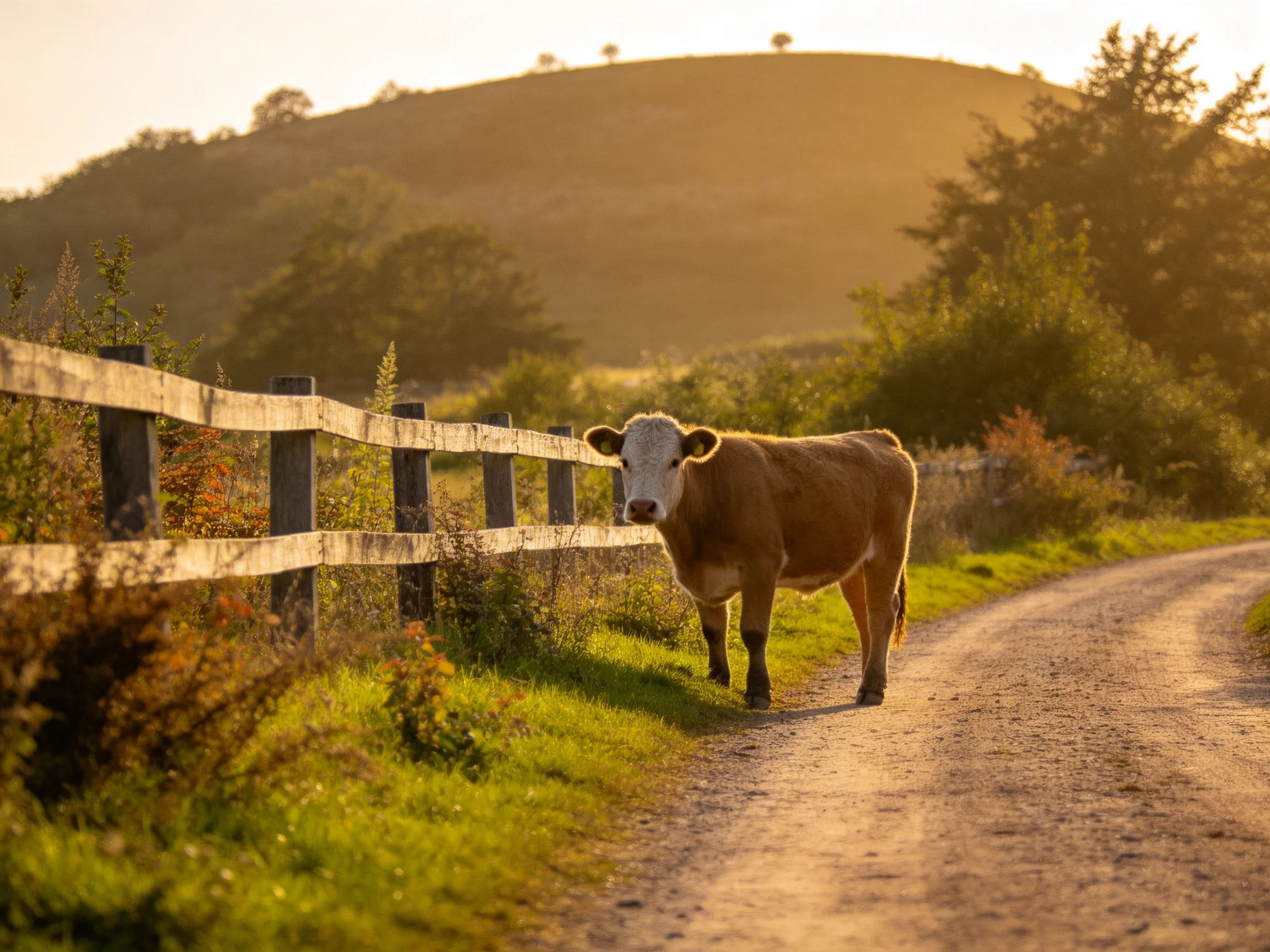 A brown cow stands by a wooden fence on a dusty rural road