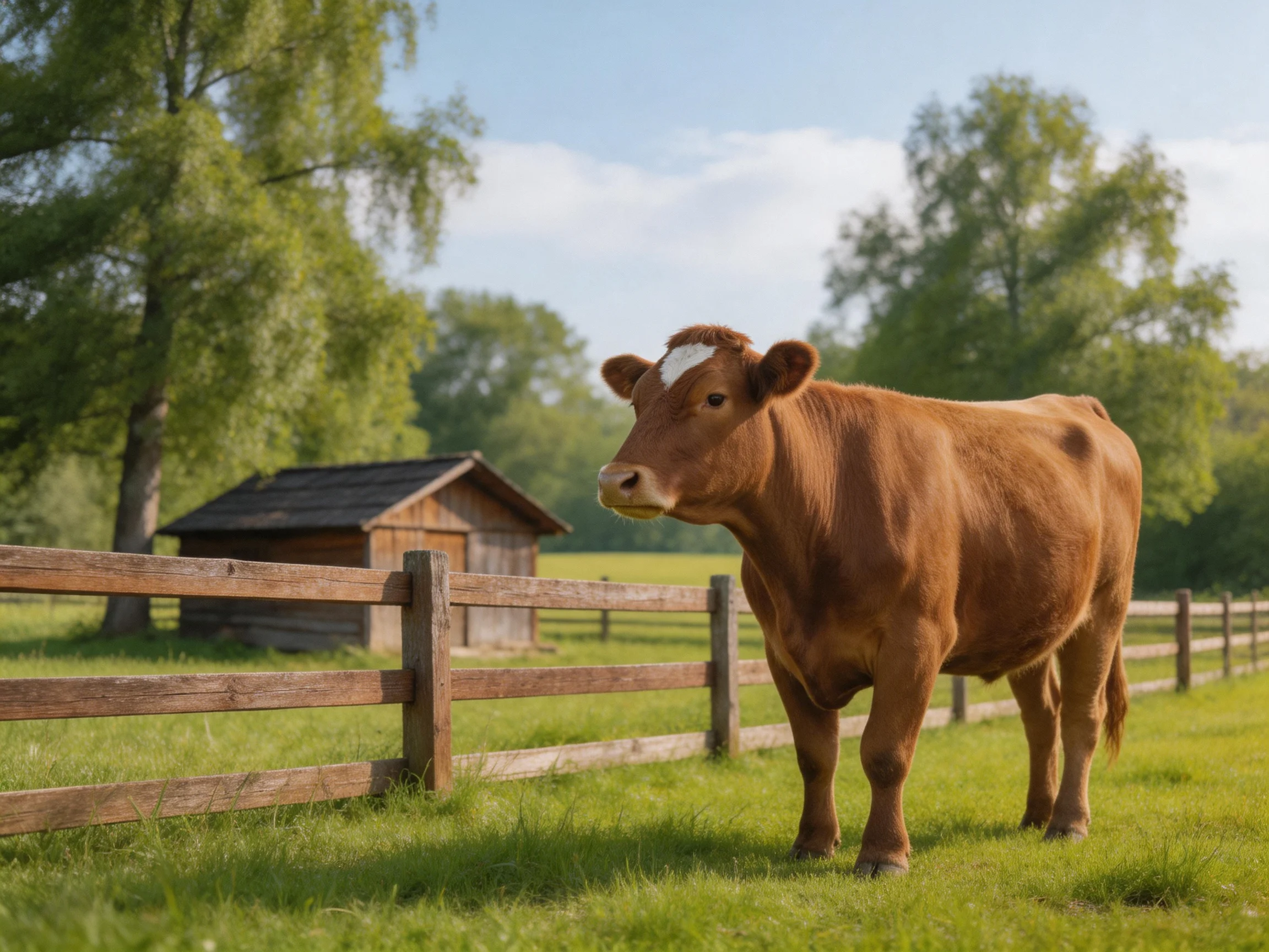 A brown cow stands by a wooden fence with green pastures and a small shed