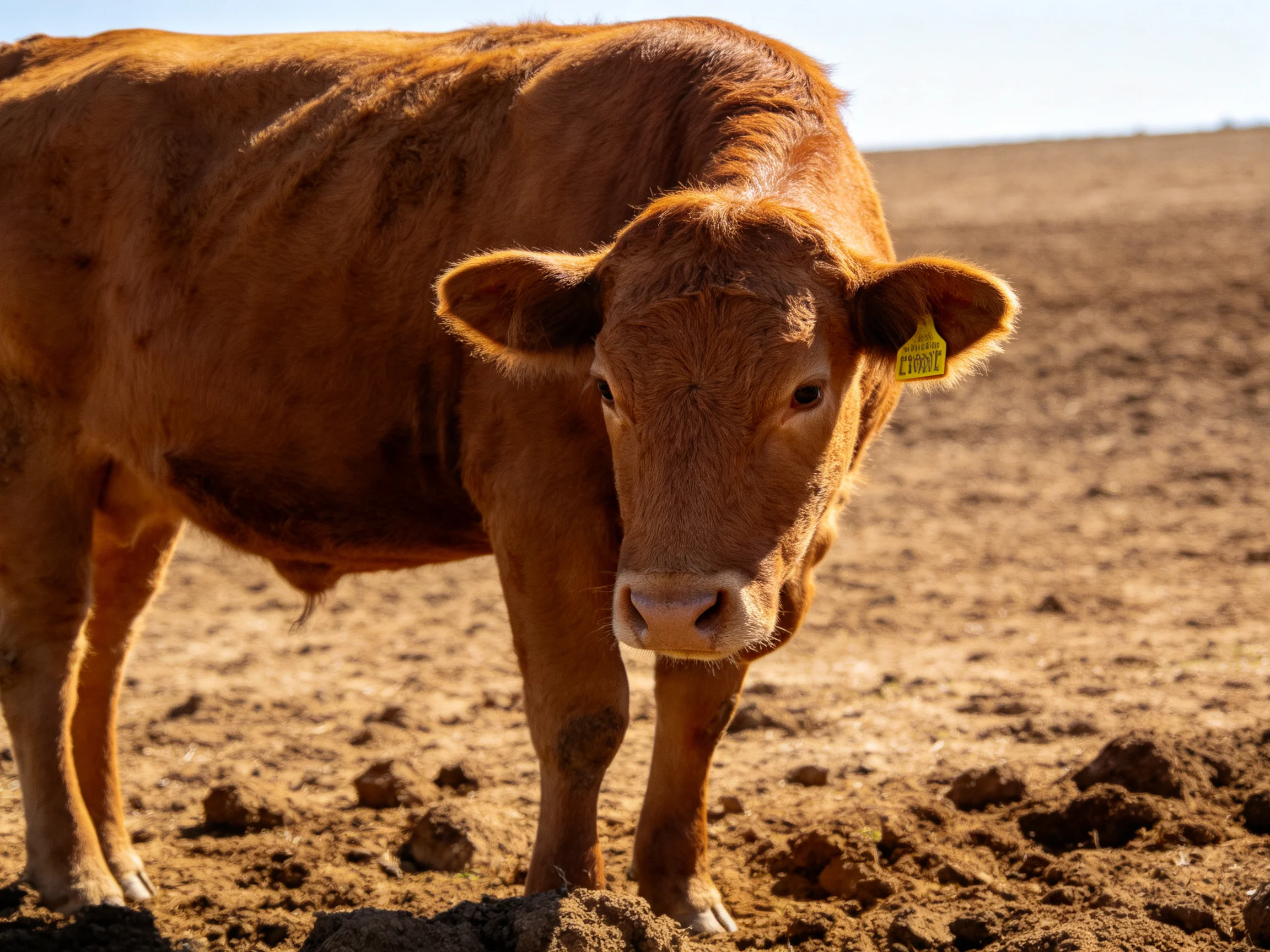 A brown cow stands in a dry, dusty open field