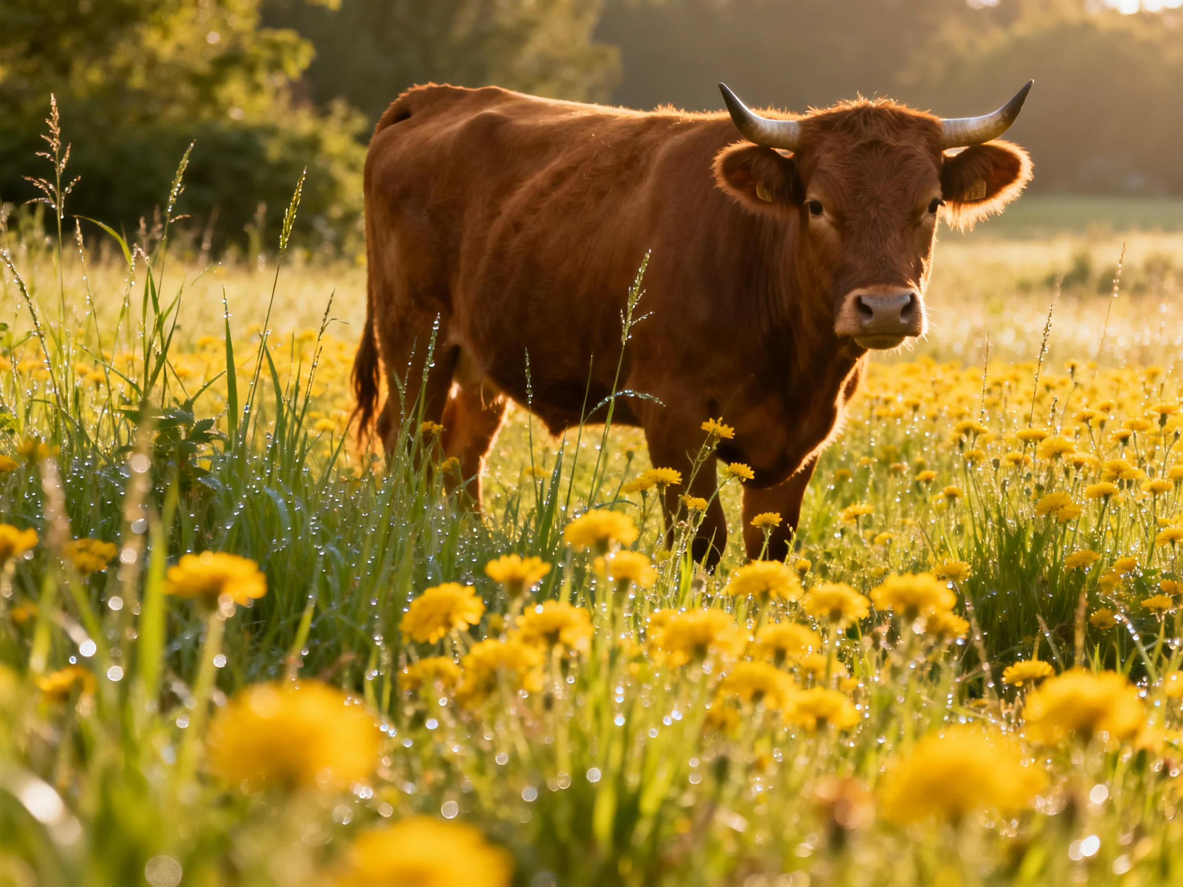 A brown cow stands in a field of vibrant yellow wildflowers under golden light