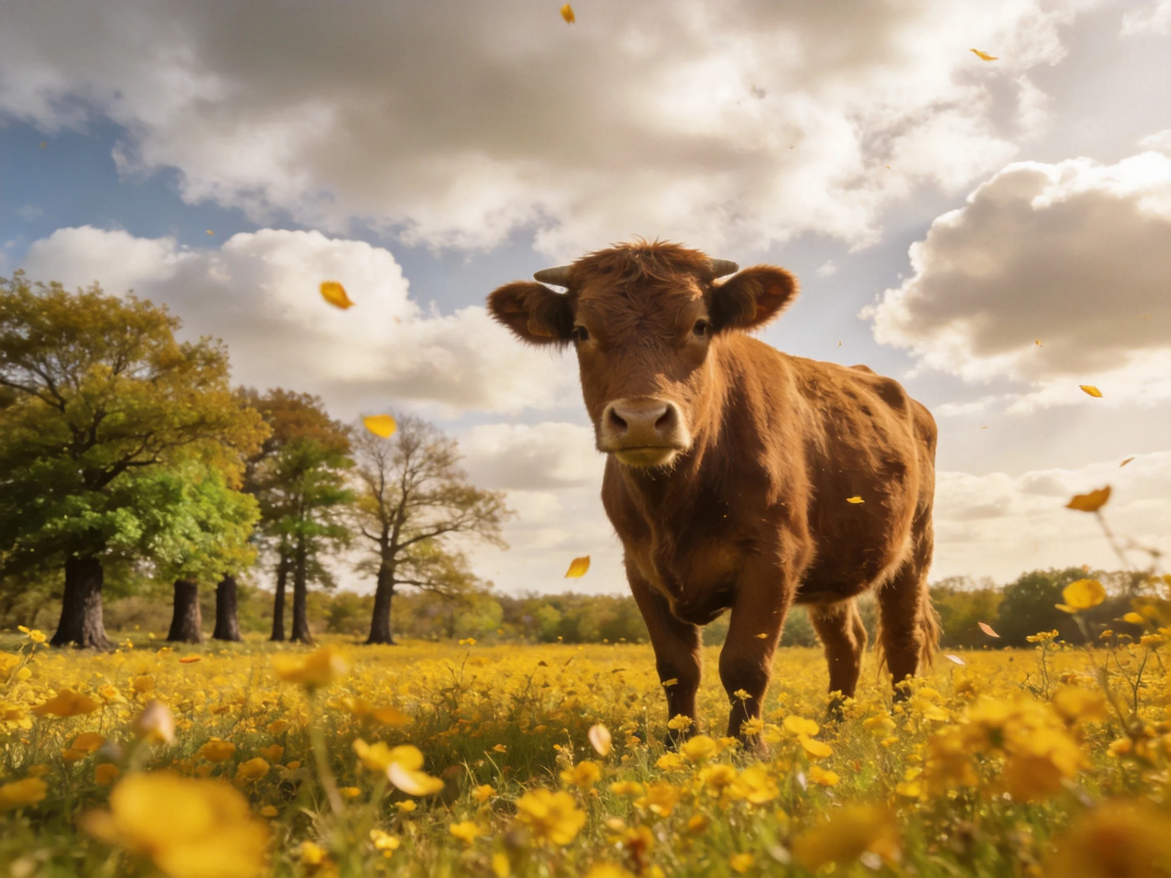 A brown cow stands in a field of yellow wildflowers under a cloudy sky