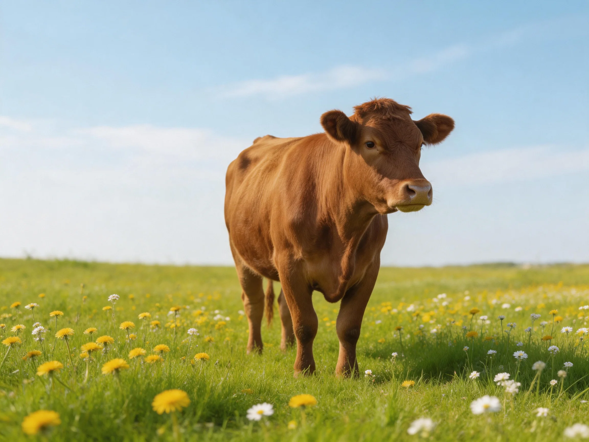 A brown cow stands in a flower-filled green meadow under clear blue sky