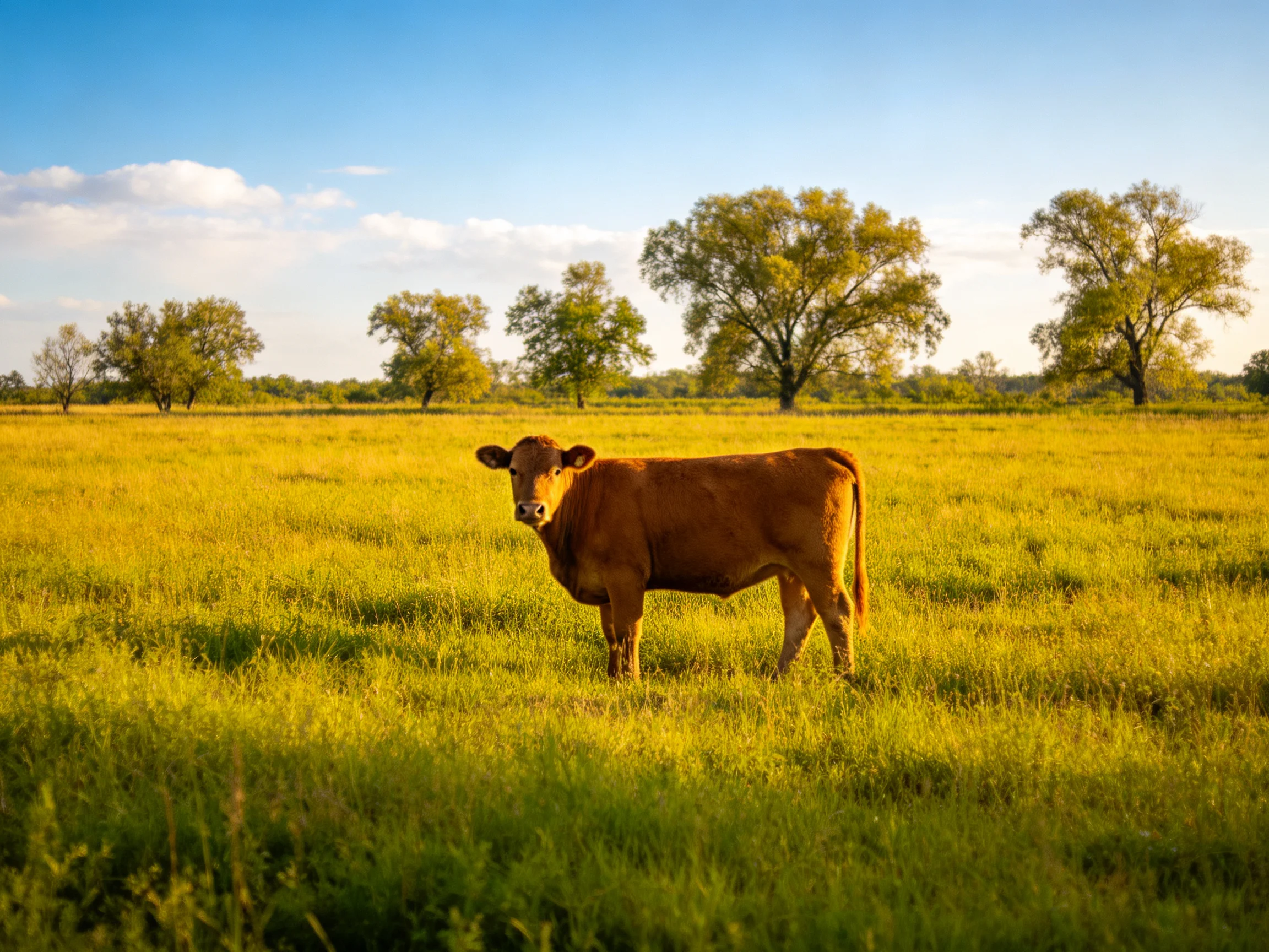 A brown cow stands in a golden field with green trees under blue sky