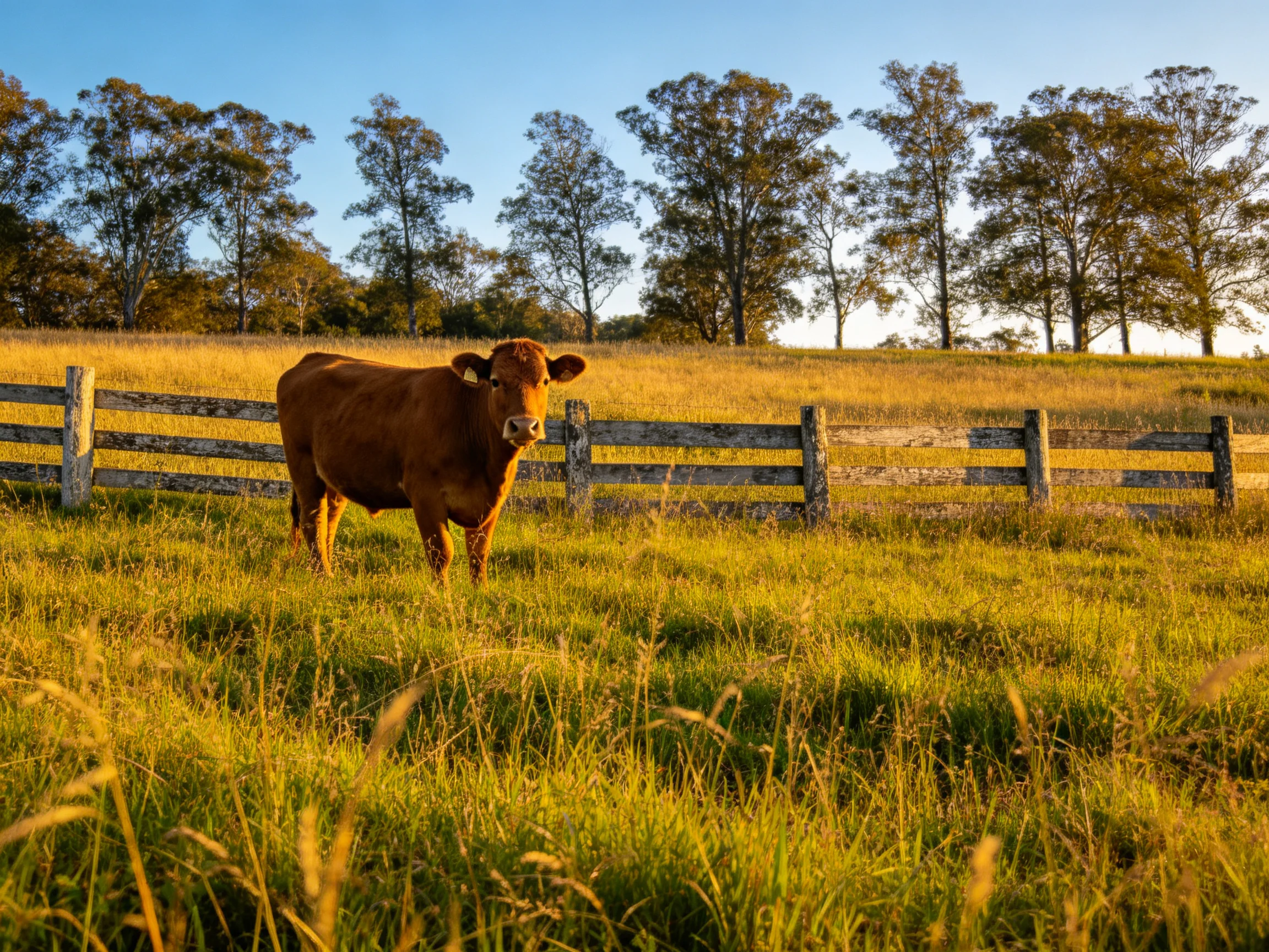 A brown cow stands in a golden grassy field near a wooden fence