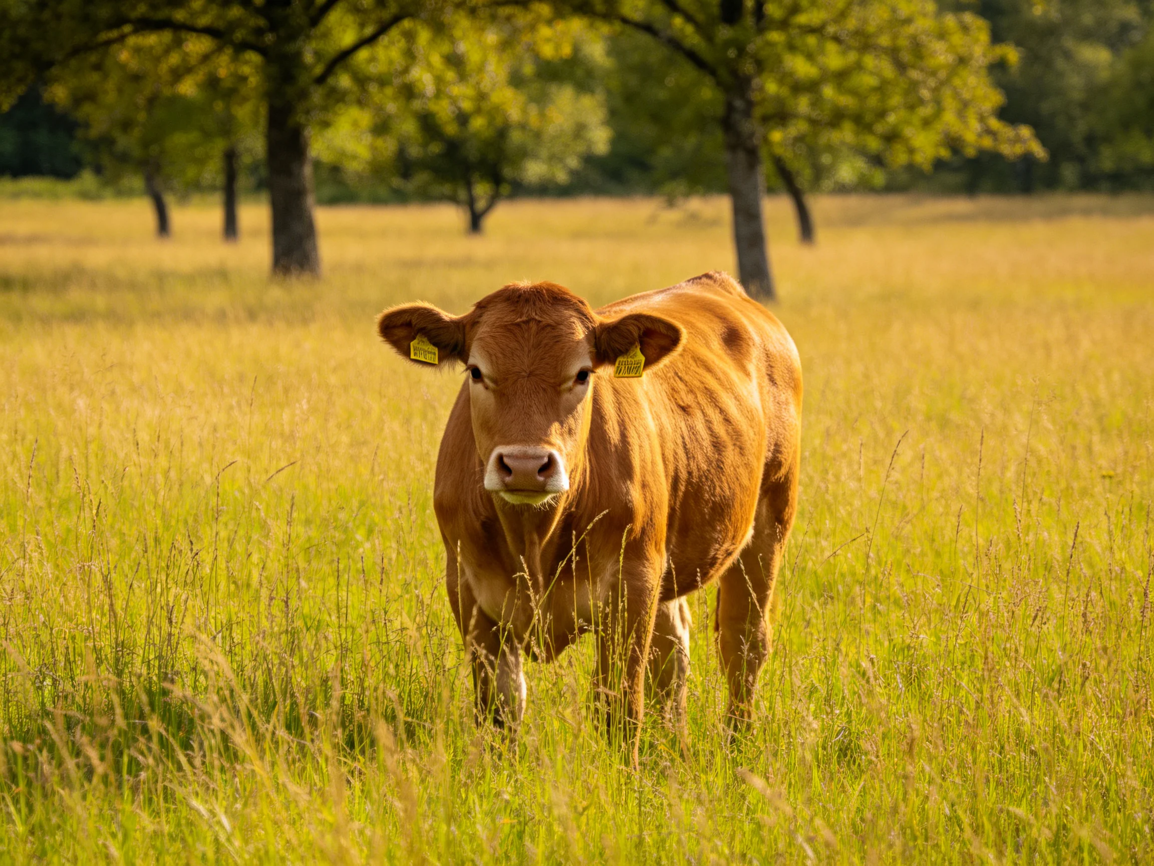 A brown cow stands in a golden grassy field near tall trees