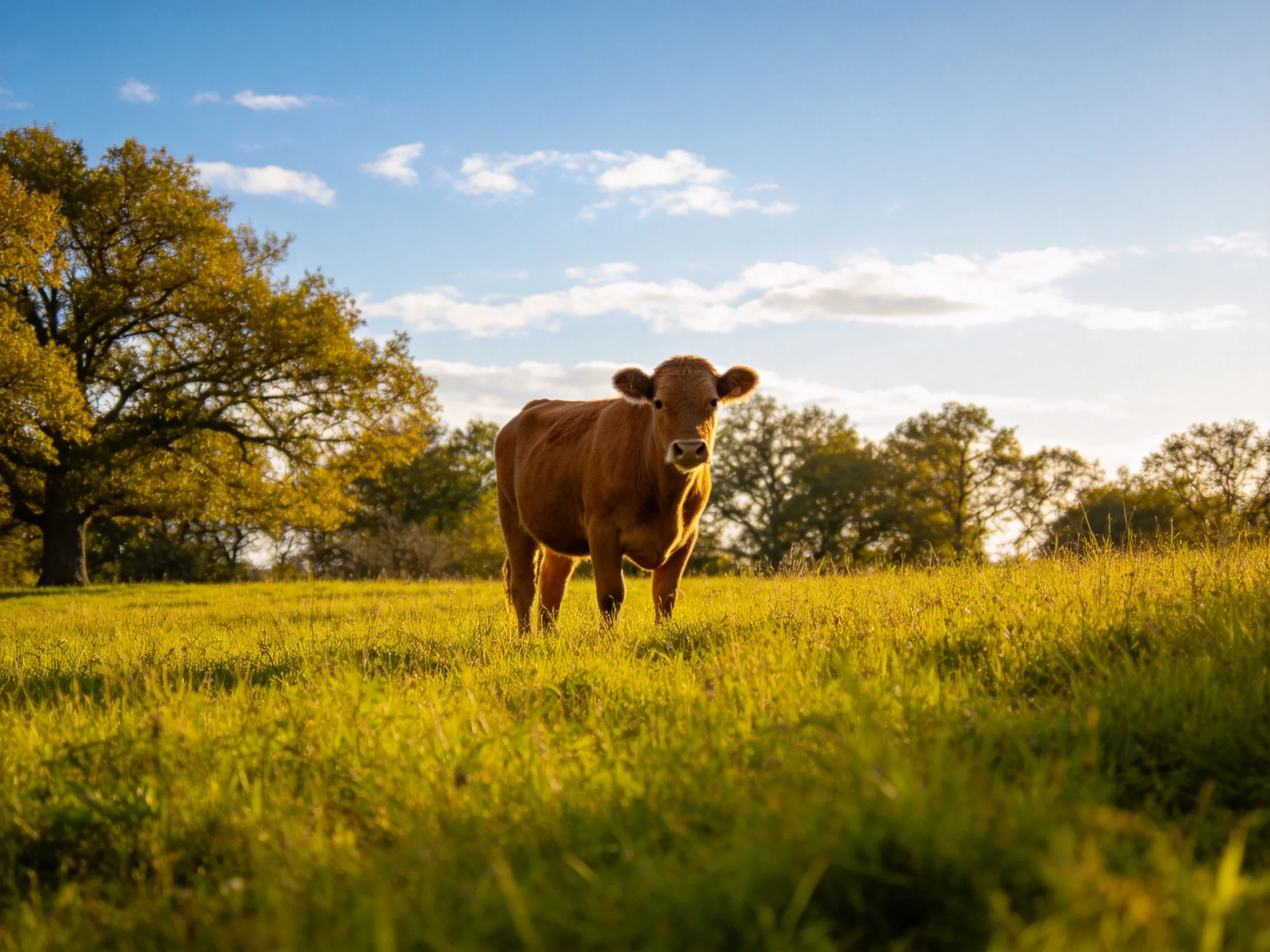 A brown cow stands in a golden grassy field with large trees
